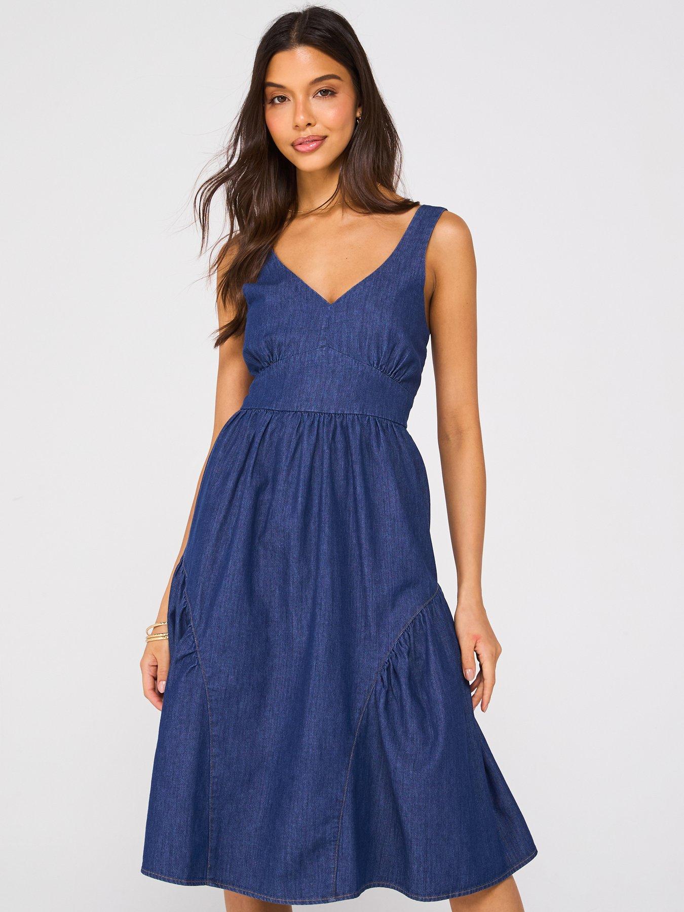  image of v-by-very-tiered-denim-dress-dark-wash