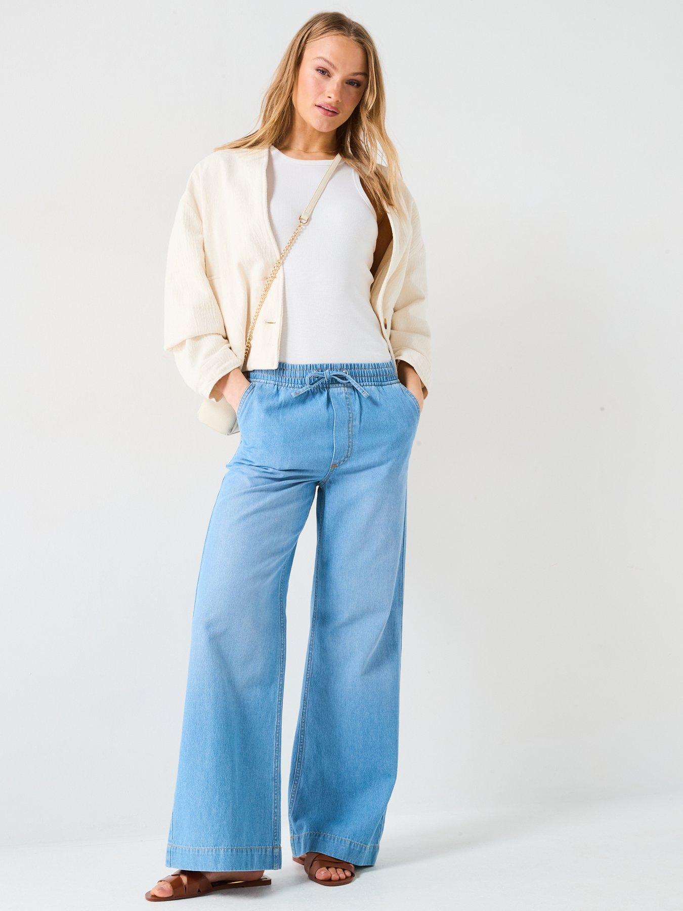  image of v-by-very-pleat-top-wide-jeans-mid-wash