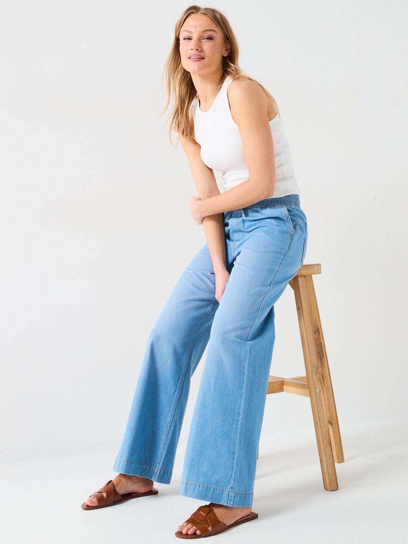  image of v-by-very-pleat-top-wide-jeans-mid-wash
