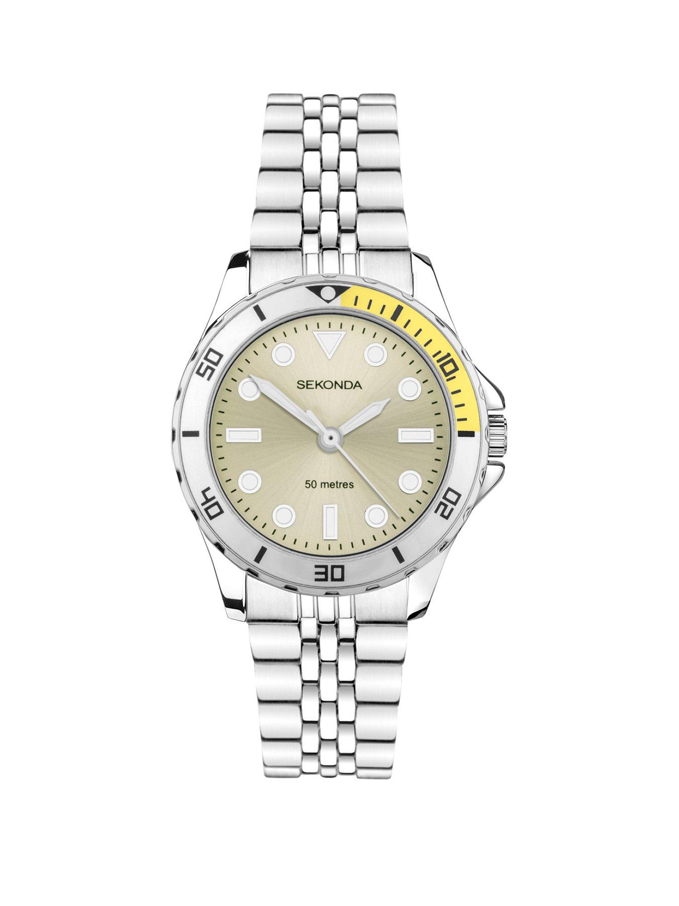 Sekonda Womens Balearic Silver Stainless Steel Bracelet with Yellow Dial Analogue Watch