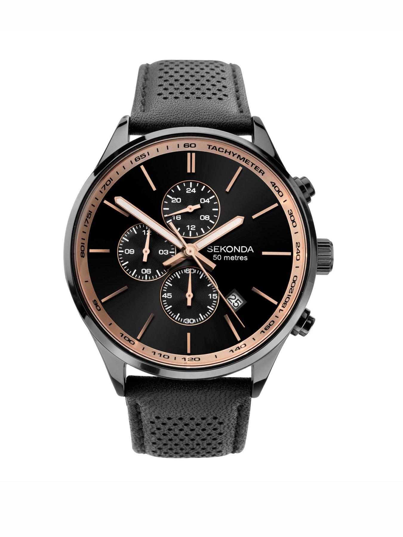 undefined Mens Endurance Black Leather Strap with Black Dial Analogue Watch
