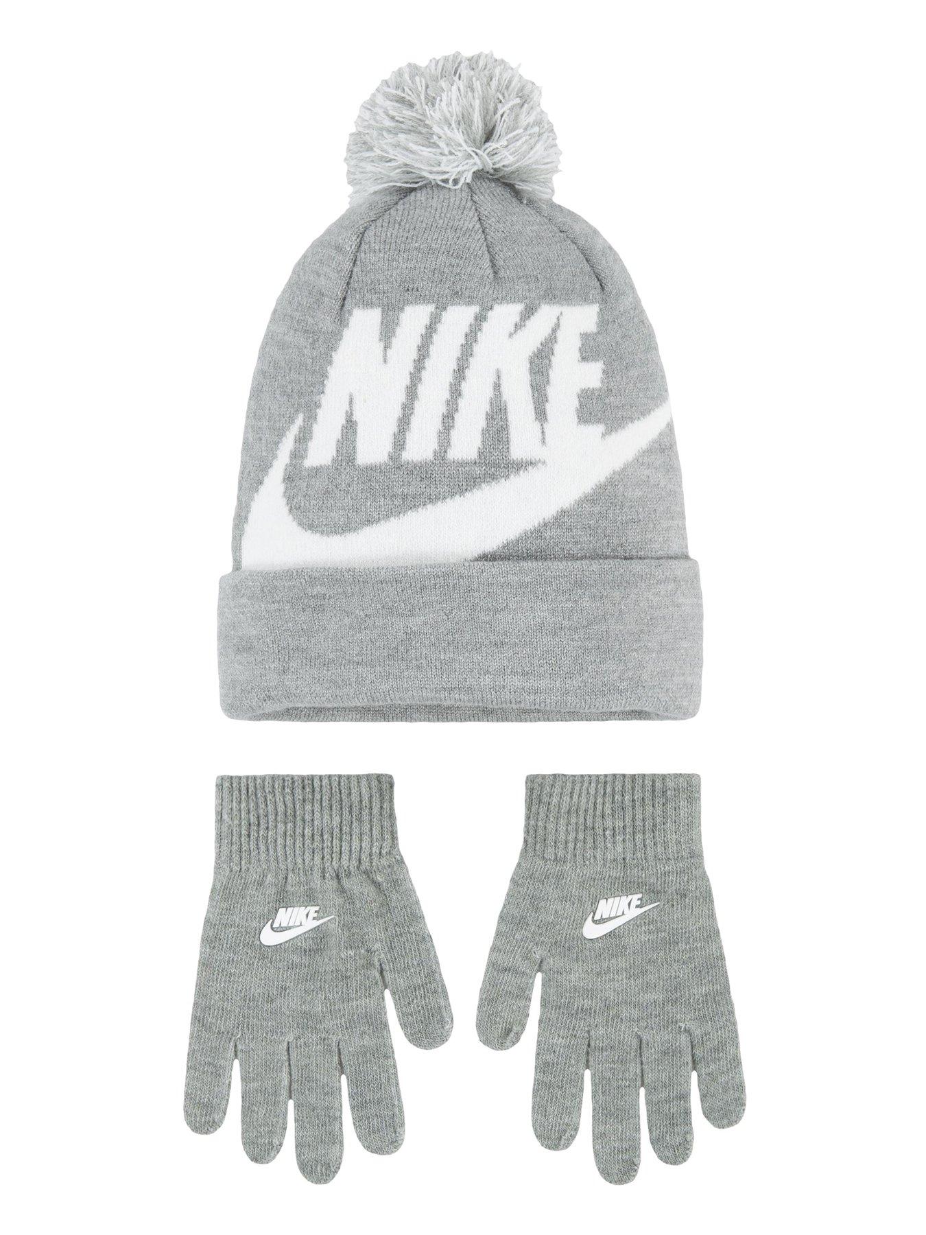  image of nike-juniors-boys-swoosh-pom-beanie-glove-set-dark-grey