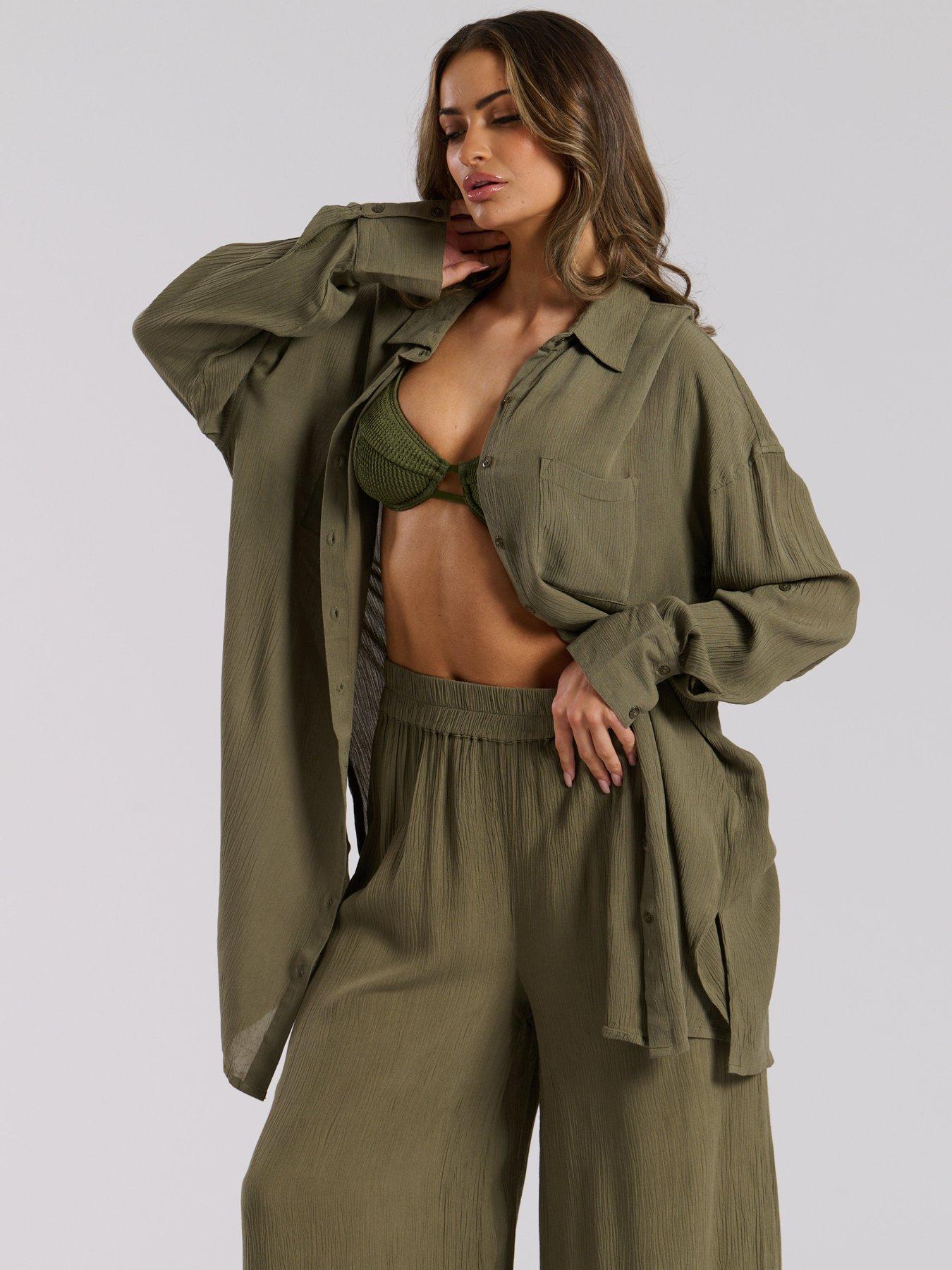  image of south-beach-nehru-collar-double-pocket-beach-shirt-khaki