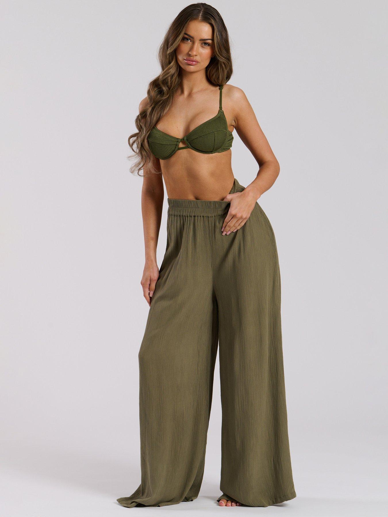 undefined Crinkle Viscose Wide Leg Trousers - Khaki
