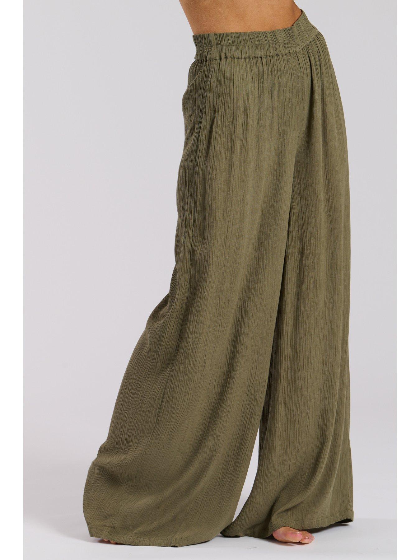 Image 2 of 3 of South Beach Crinkle Viscose Wide Leg Trousers - Khaki