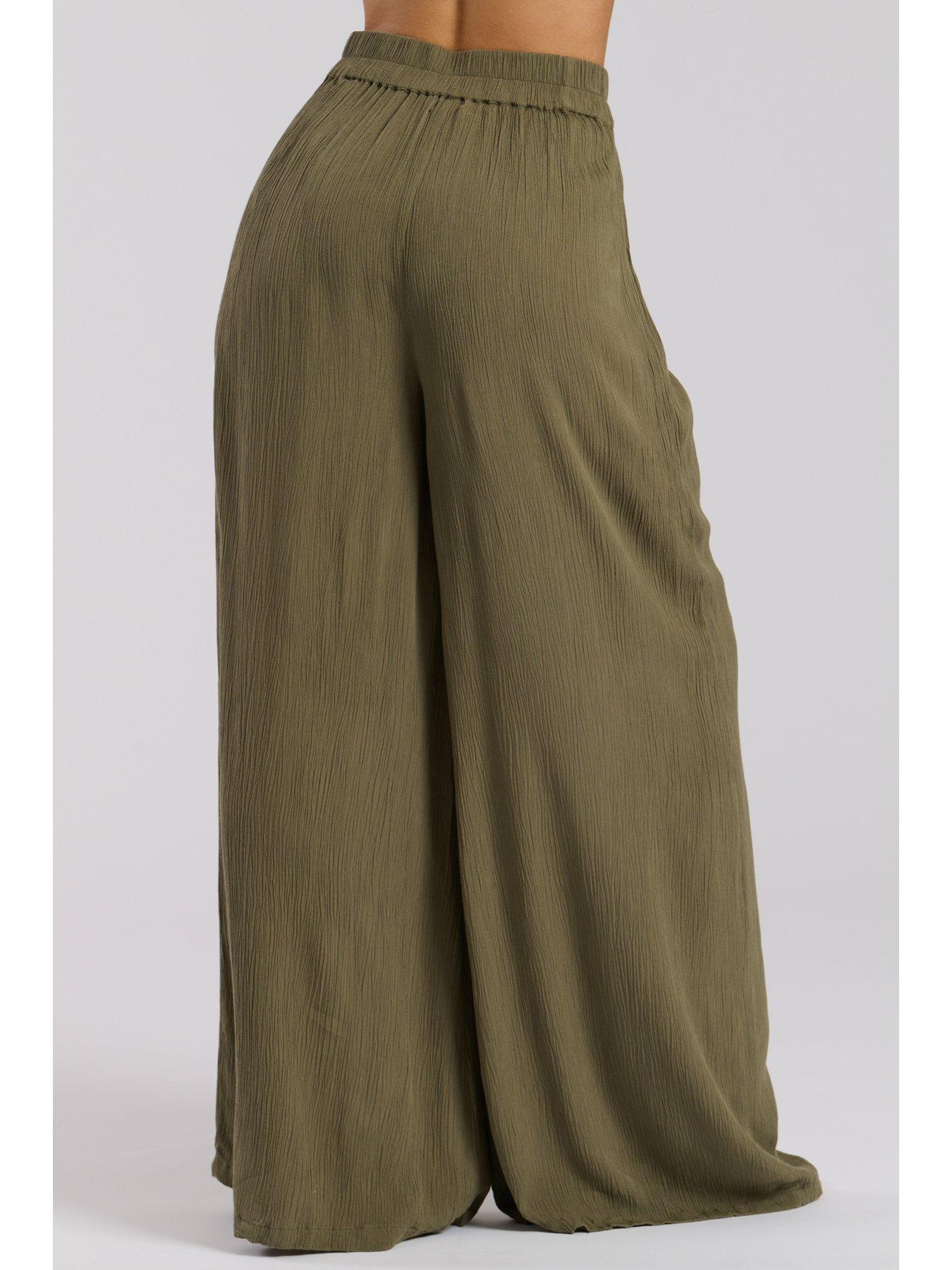Image 3 of 3 of South Beach Crinkle Viscose Wide Leg Trousers - Khaki