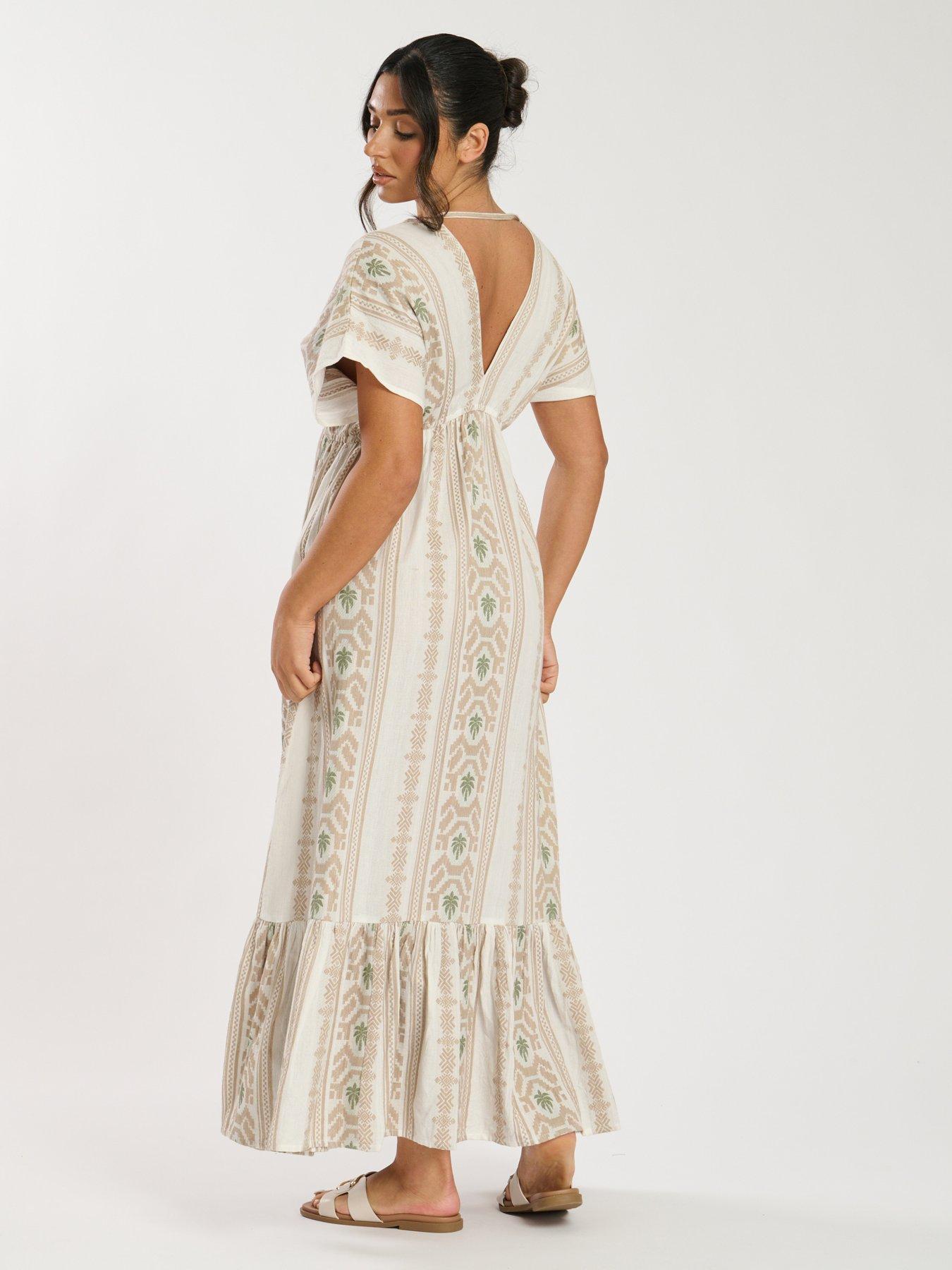 South Beach Jacquard V Neck Maxi Dress - Beige | Littlewoods