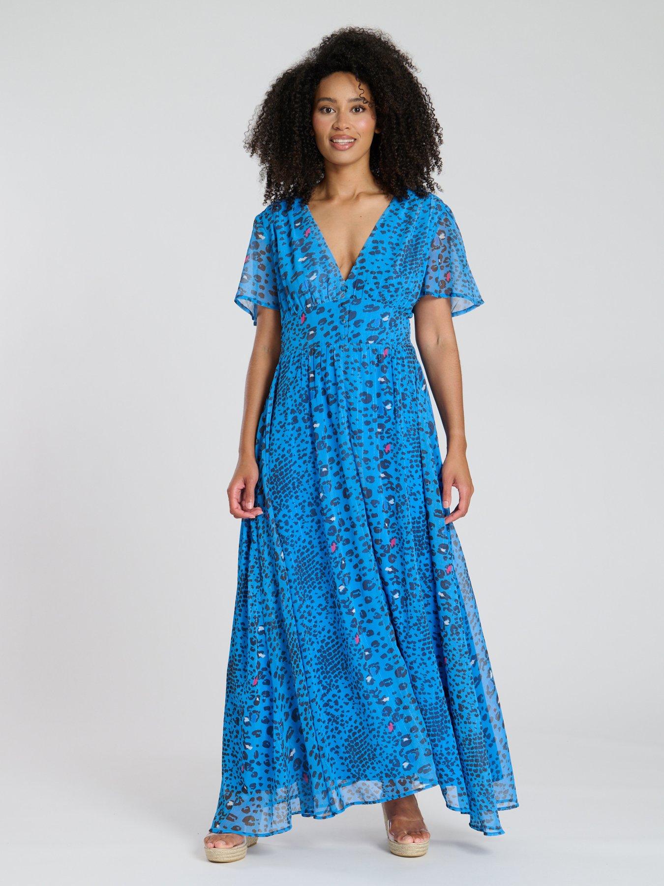 South Beach Printed Metallic Chiffon Button Detail Midi Dress - Blue