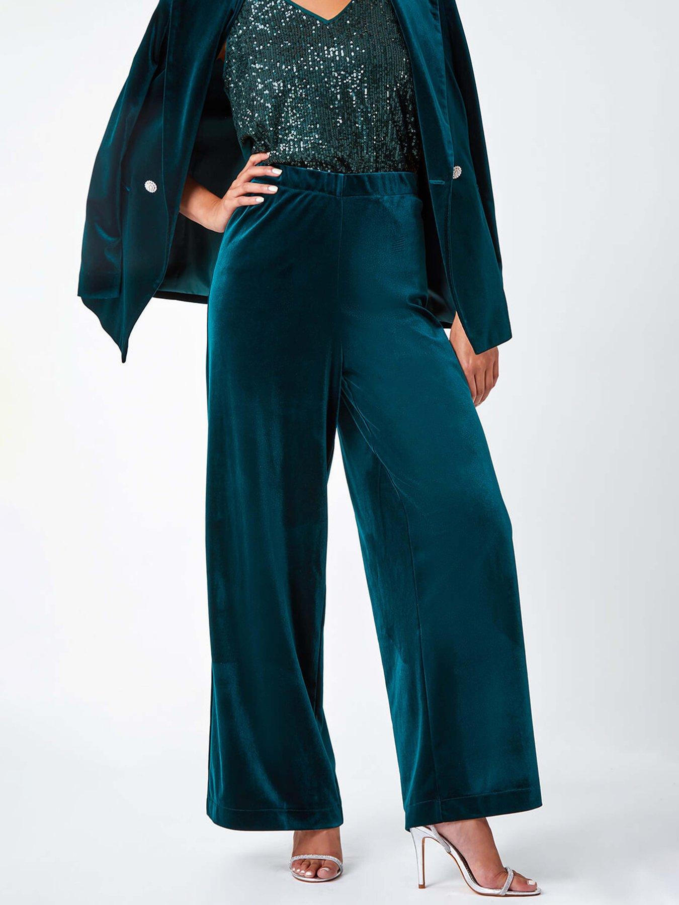Roman Petite Wide Leg Velvet Stretch Trouser - Green