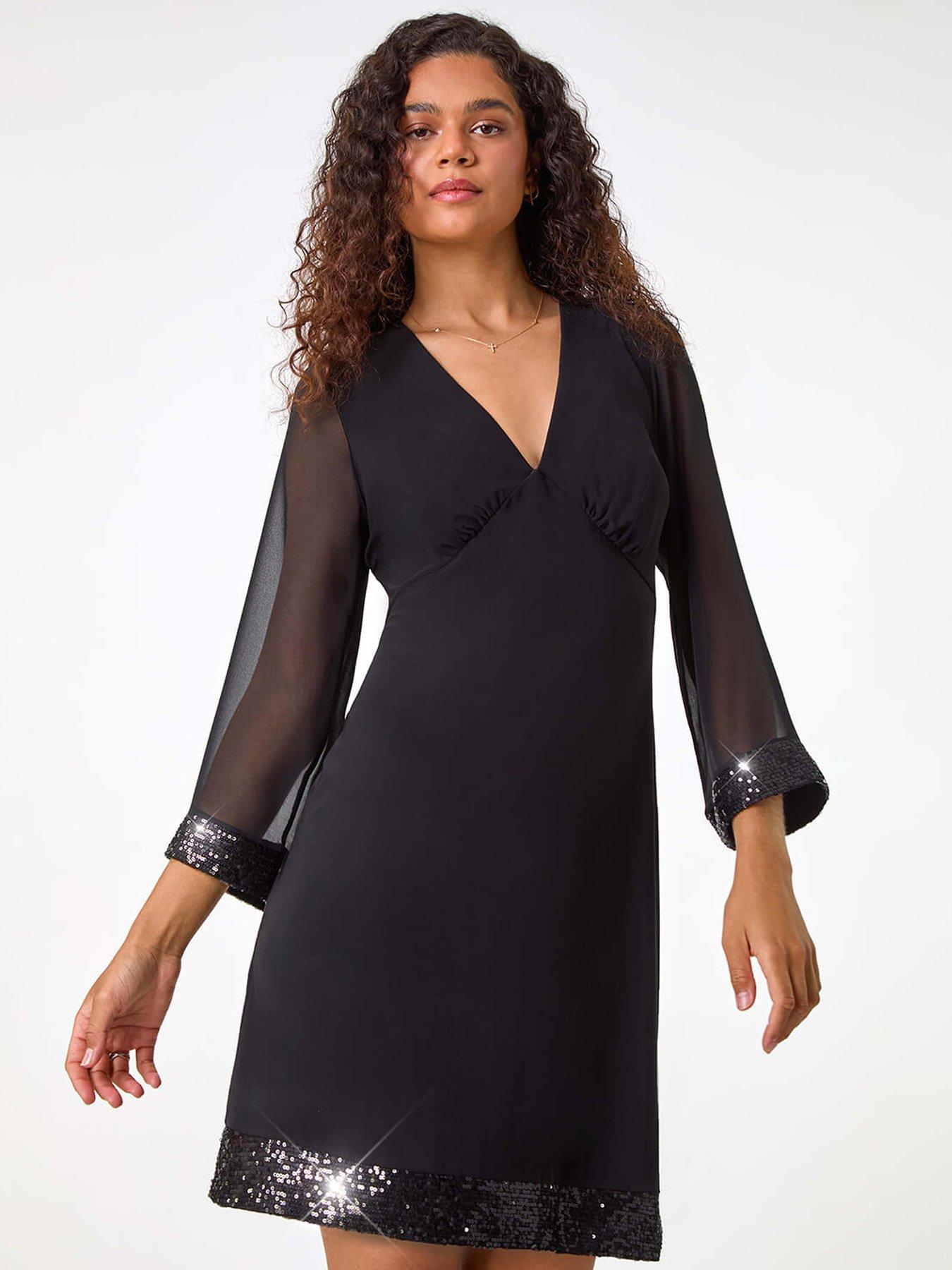 Image 1 of 5 of Roman Contrast Sequin Cuff Dress - Black