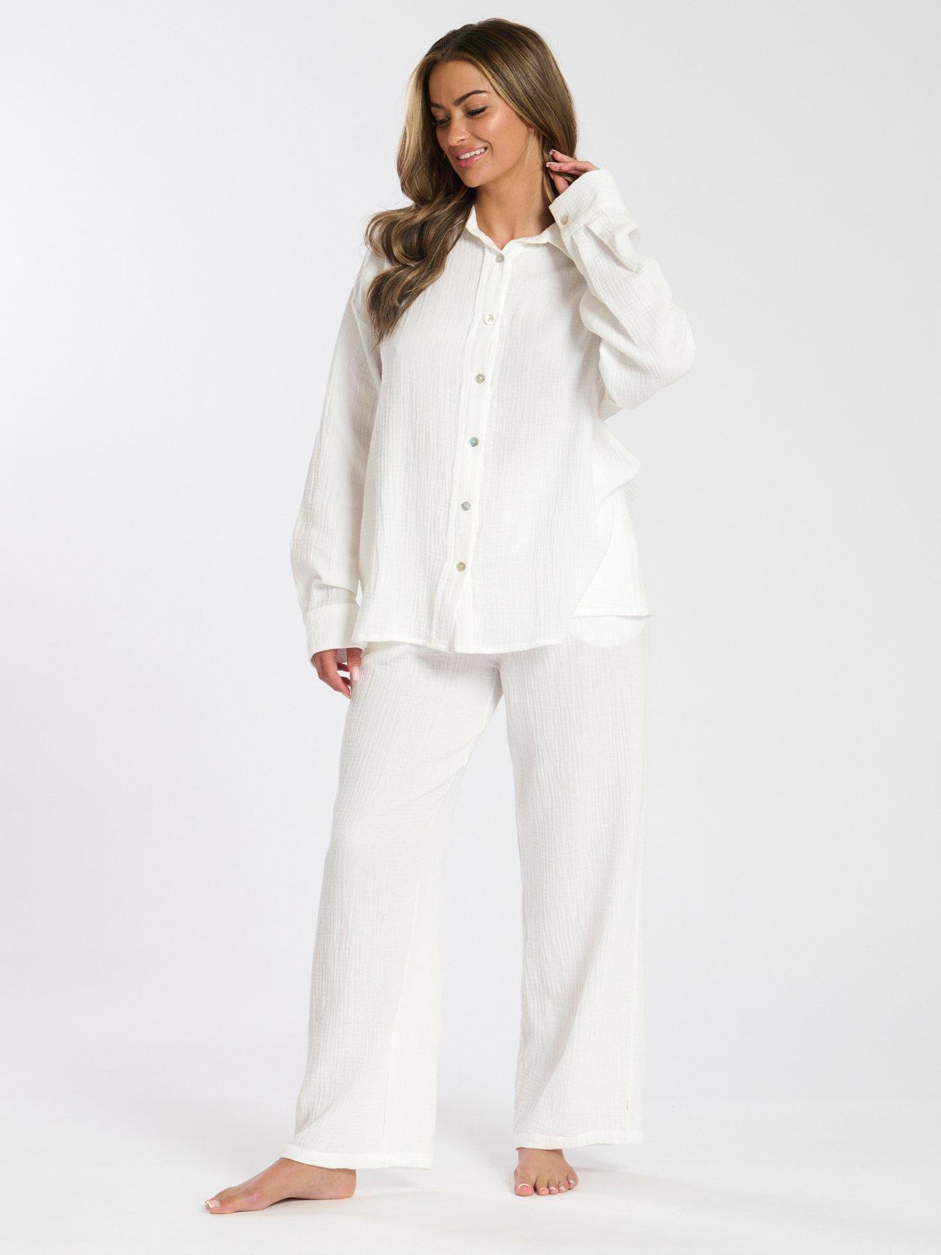 loungeable-cotton-waffle-long-sleeved-pyjama-set-white