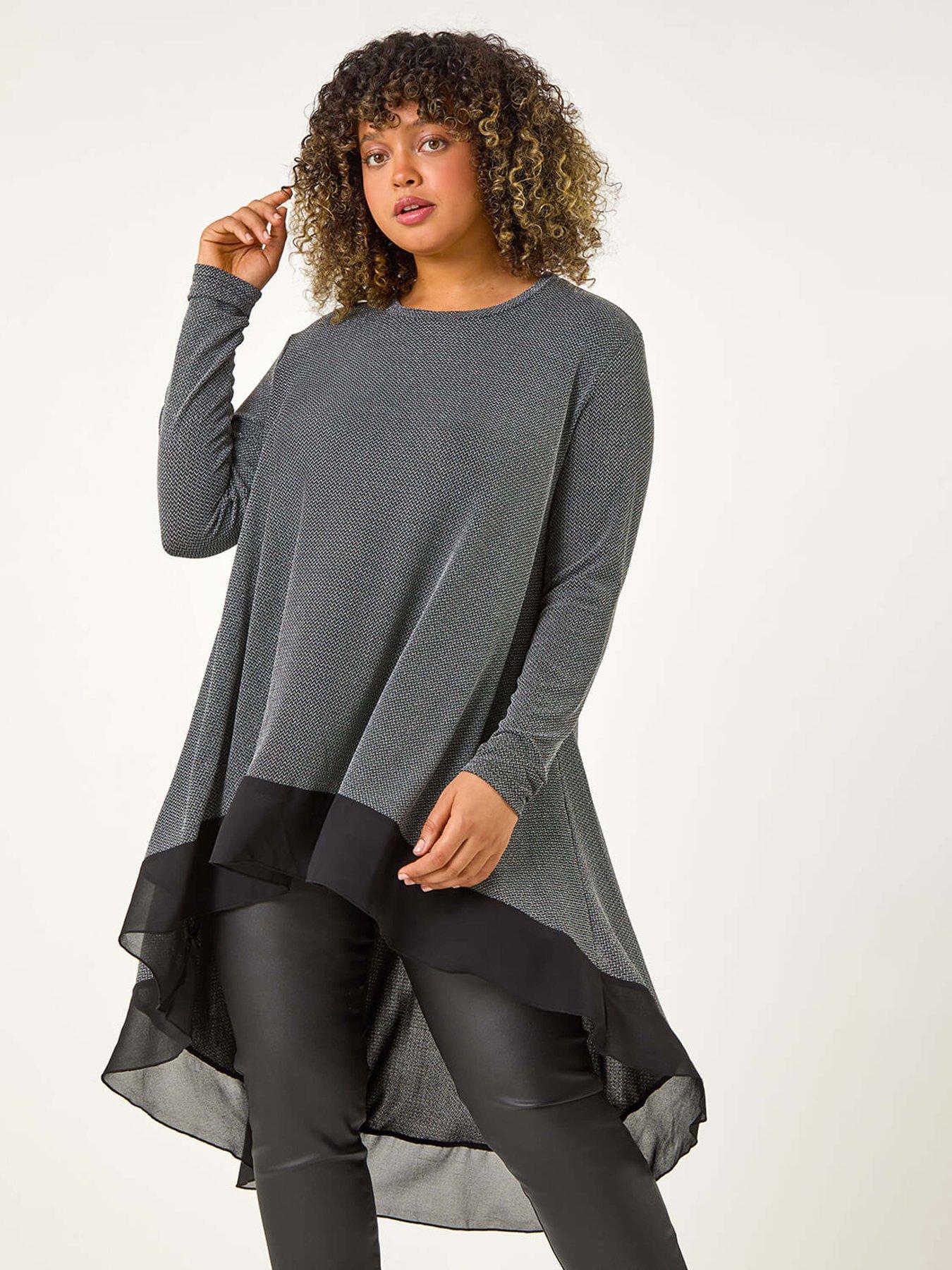 Image 1 of 5 of Roman Curve Glitter Chiffon Hem Tunic Top - Grey
