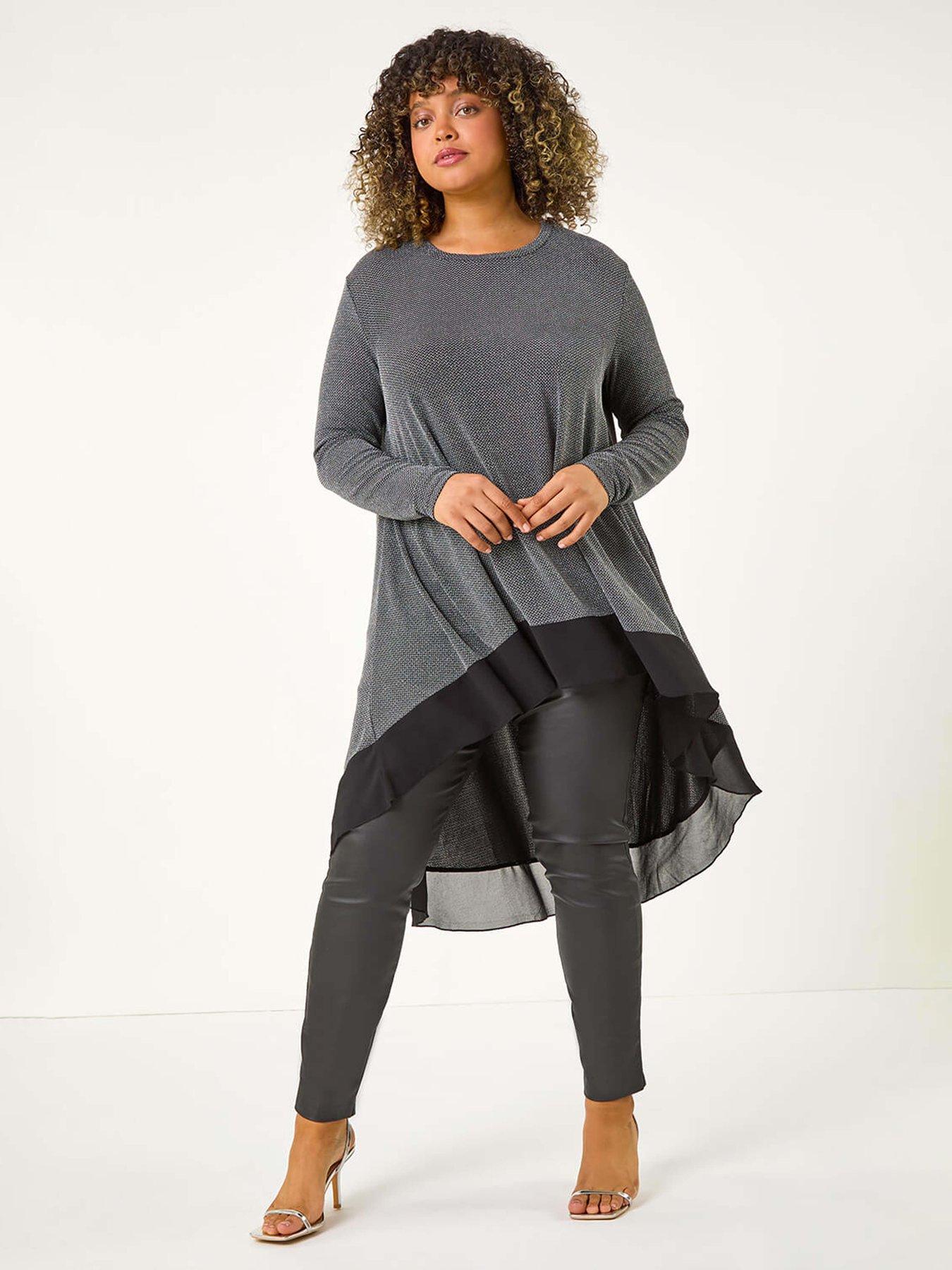 Image 3 of 5 of Roman Curve Glitter Chiffon Hem Tunic Top - Grey