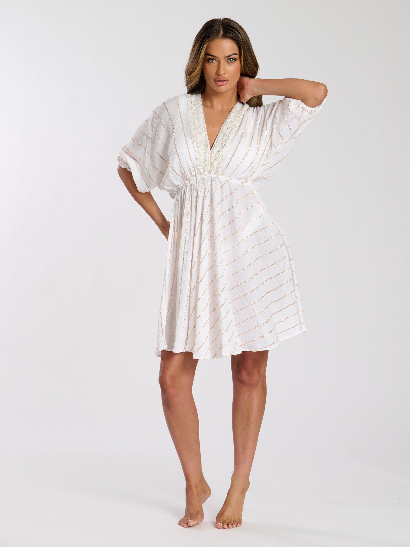 South Beach Metallic V Neck Sequin Stripe Mini Dress - White