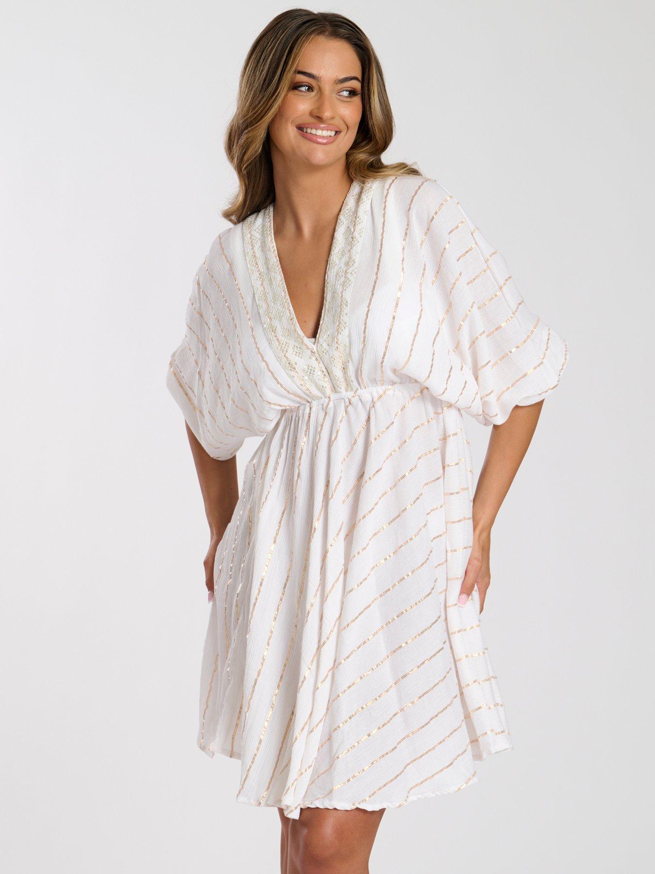  image of south-beach-metallic-v-neck-sequin-stripe-mini-dress-white