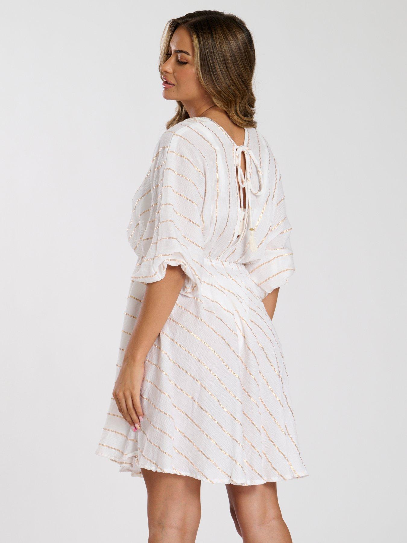  image of south-beach-metallic-v-neck-sequin-stripe-mini-dress-white