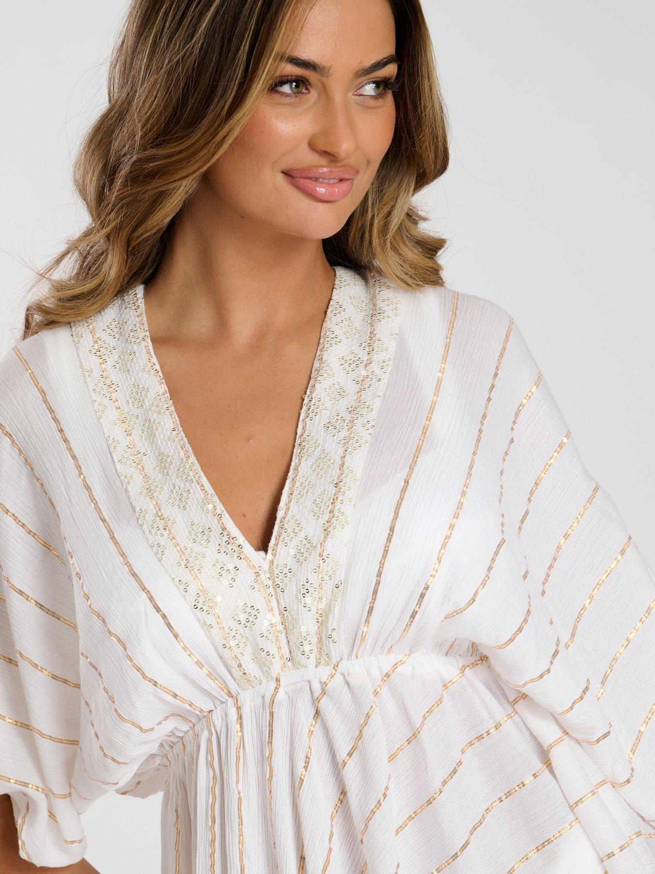  image of south-beach-metallic-v-neck-sequin-stripe-mini-dress-white