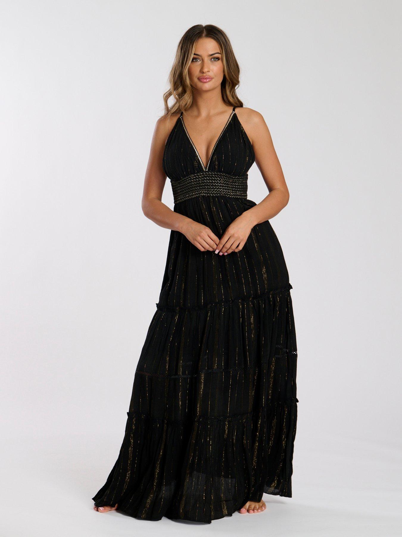 South Beach Metallic Cami Stripe Maxi Dress - Black