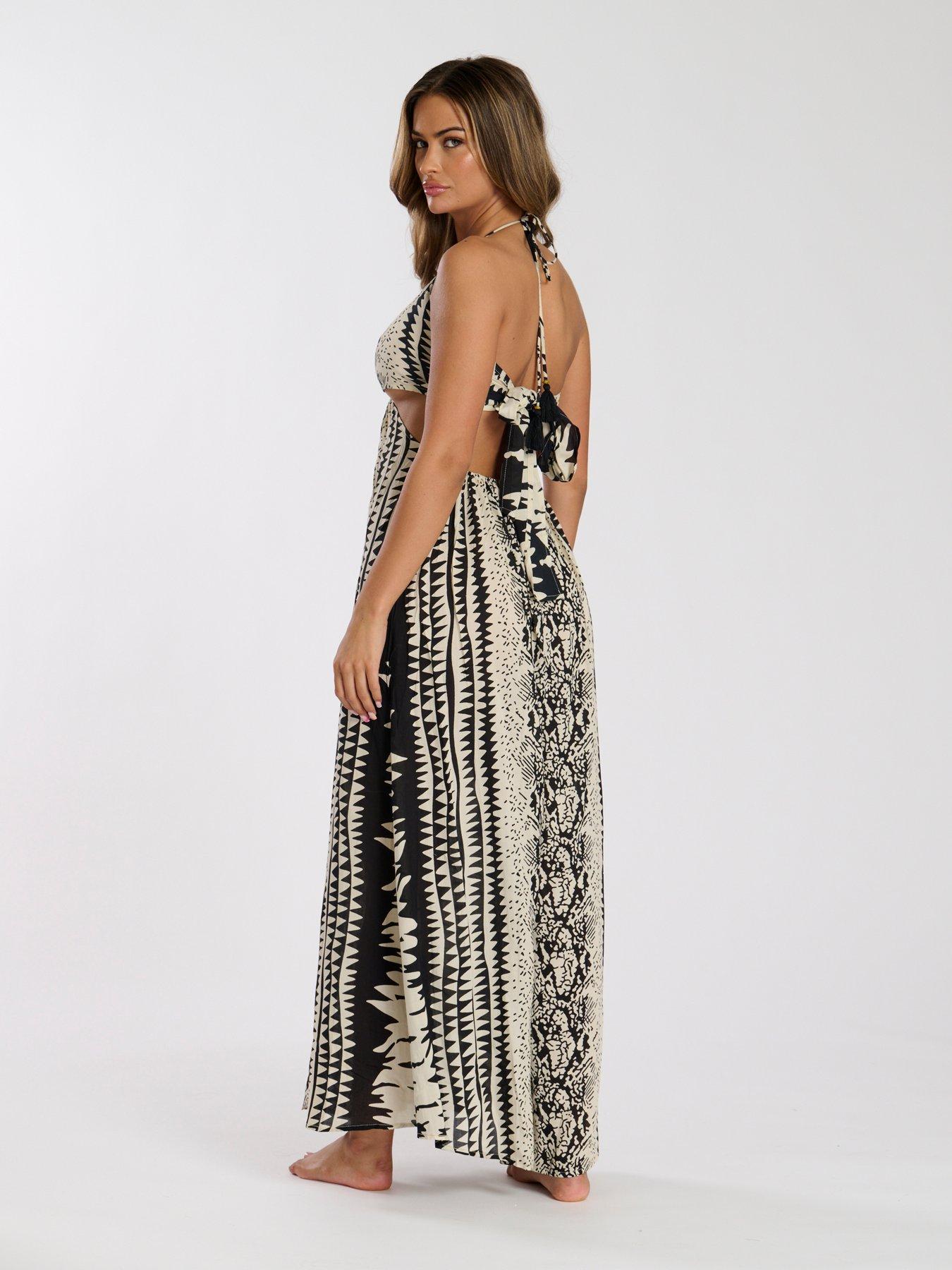  image of south-beach-printed-halter-neck-ring-detail-beach-maxi-dress