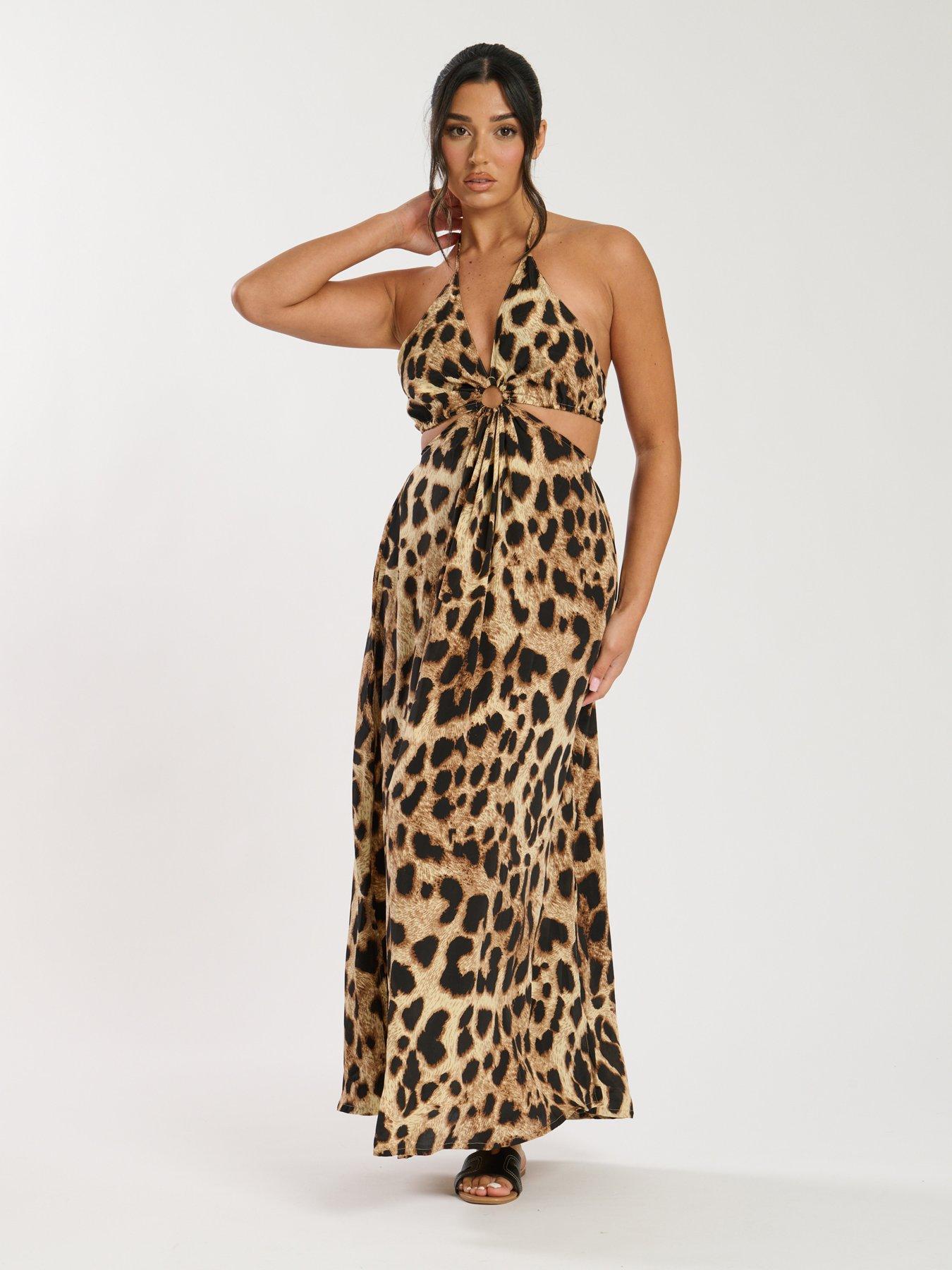 South Beach Printed Animal Halter neck Ring Detail Beach Maxi Dress