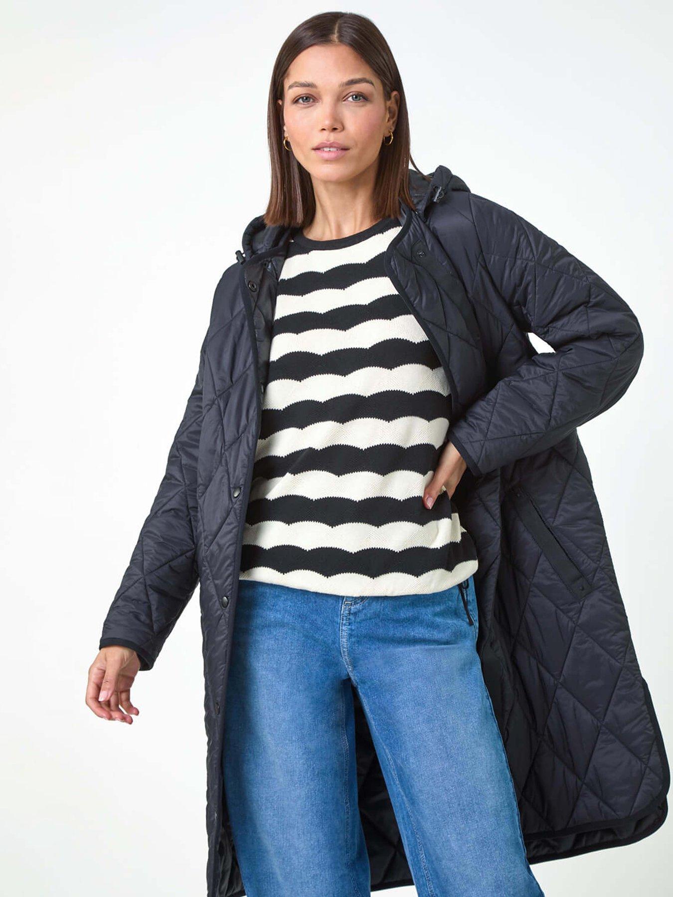 Roman Iridescent Diamond Quilted Hooded Coat - Black