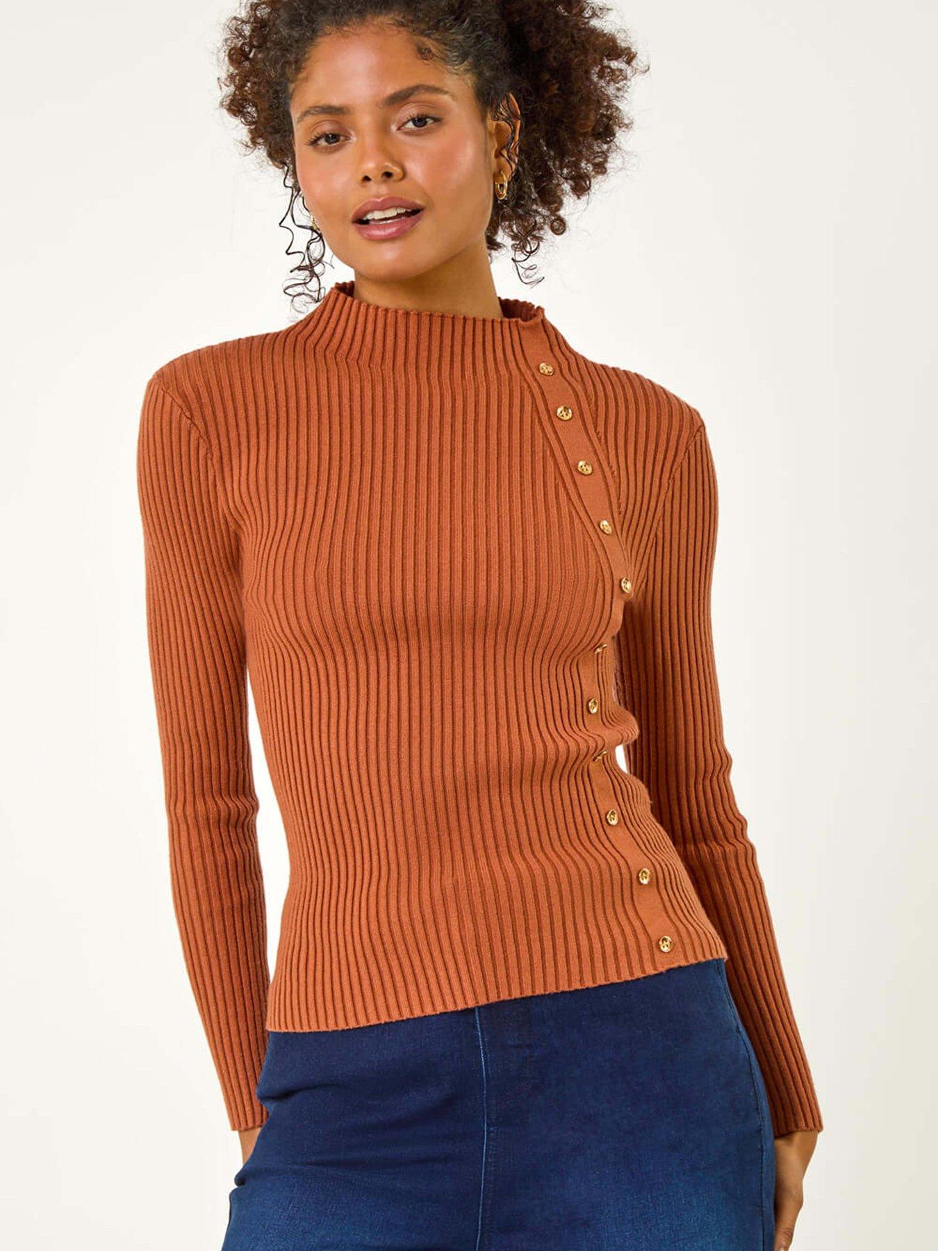 Roman High Neck Button Detail Rib Jumper - Mocha