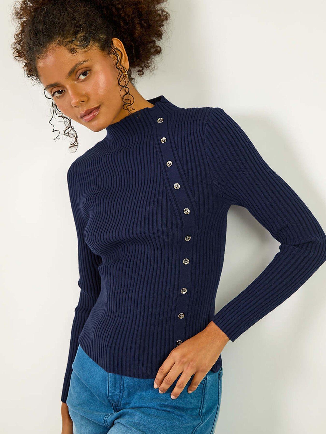  image of roman-high-neck-button-detail-rib-jumper-navy