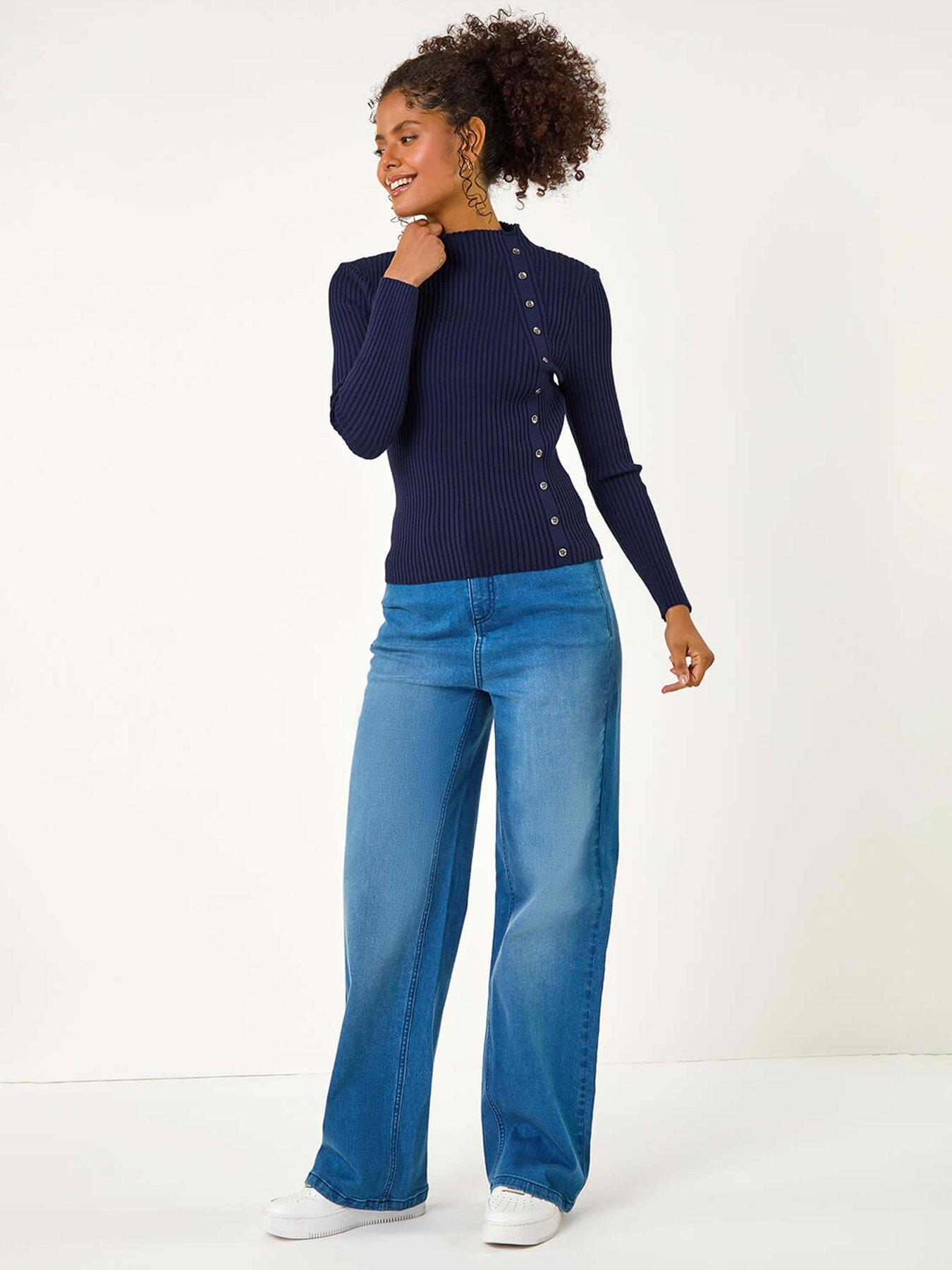  image of roman-high-neck-button-detail-rib-jumper-navy