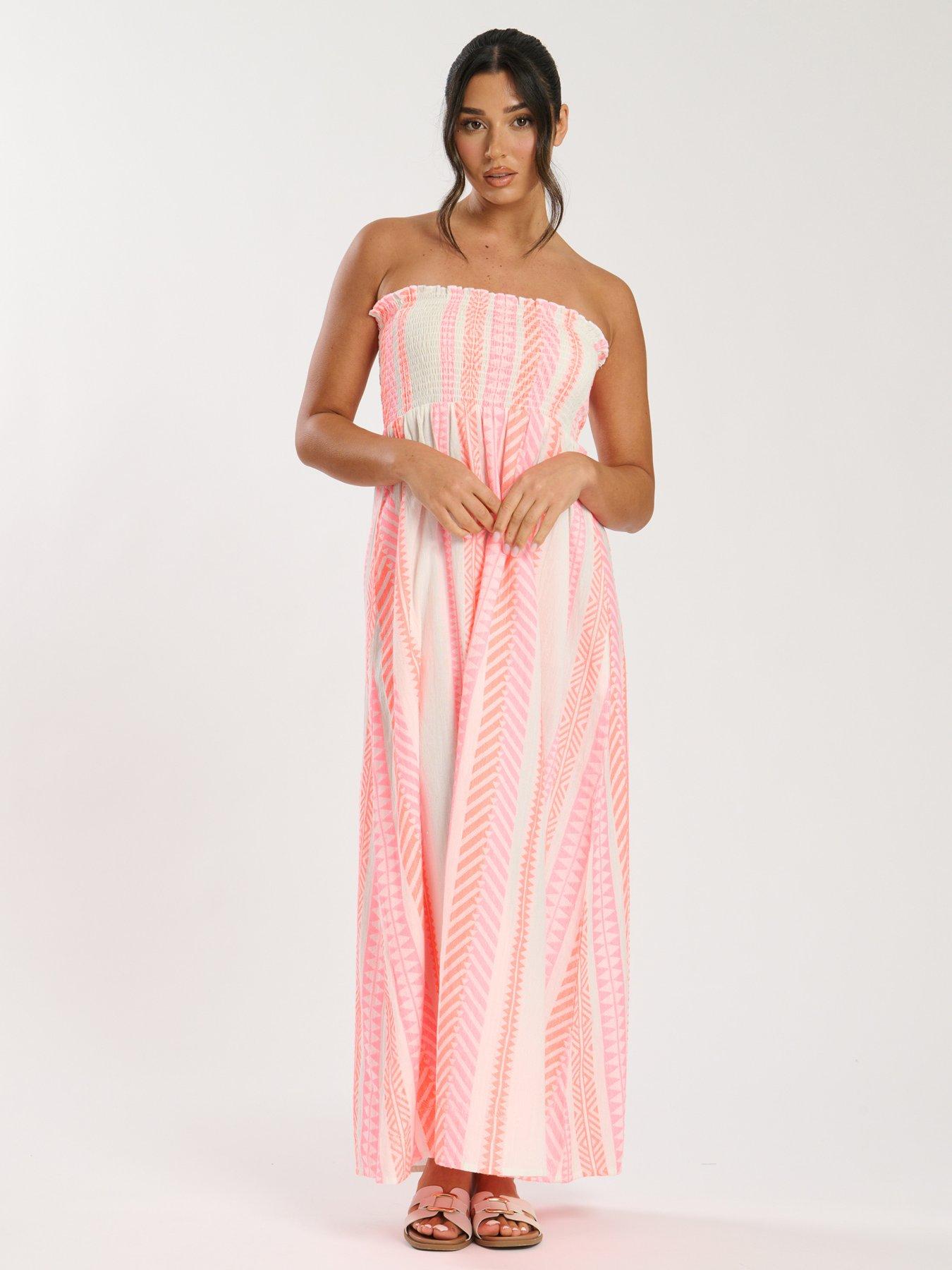 South Beach Bandeau Jacquard Maxi Dress With Shirred Bodice - Pink |  Littlewoods