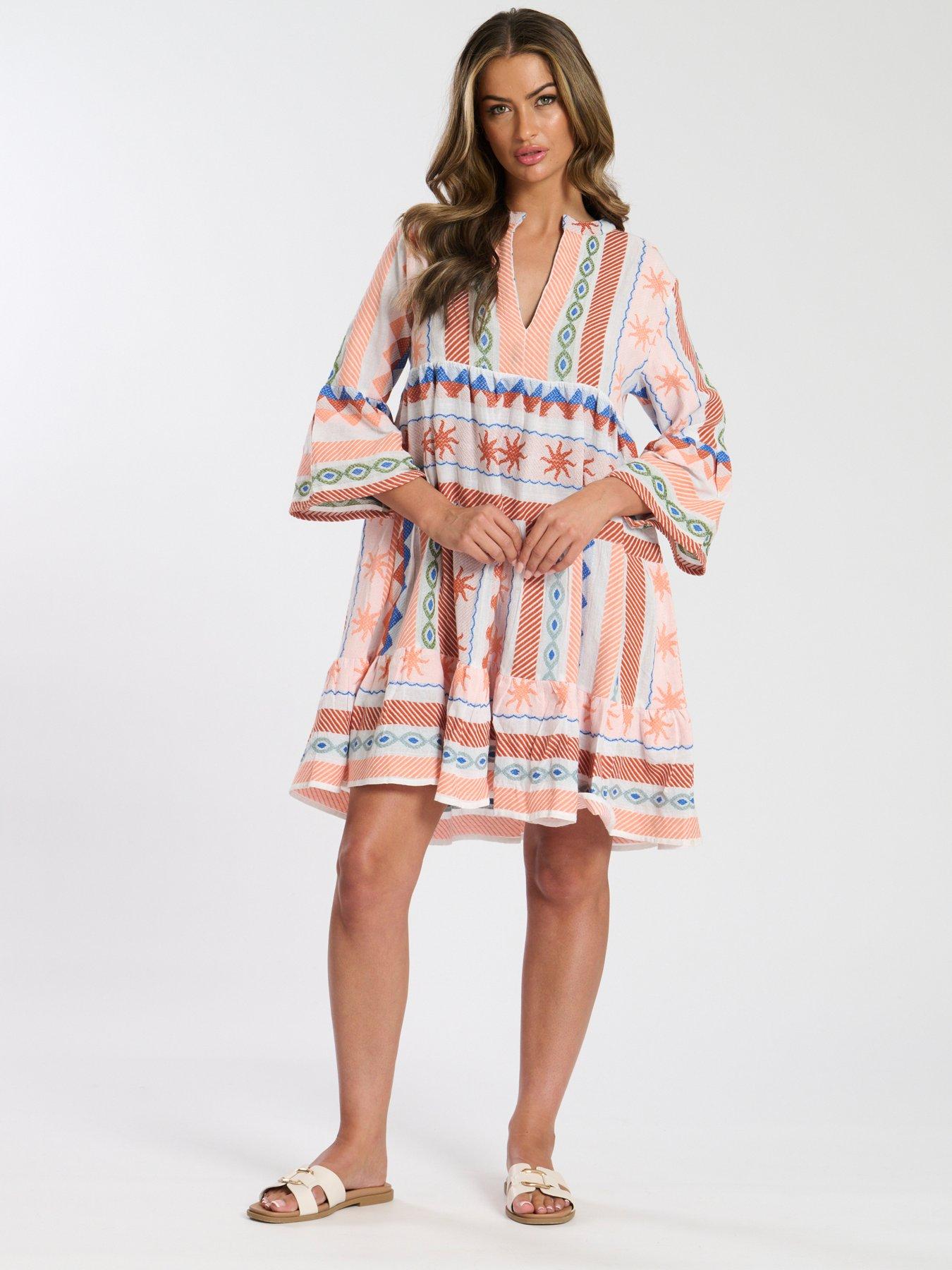 south-beach-jacquard-34-sleeve-tiered-mini-dress-multi
