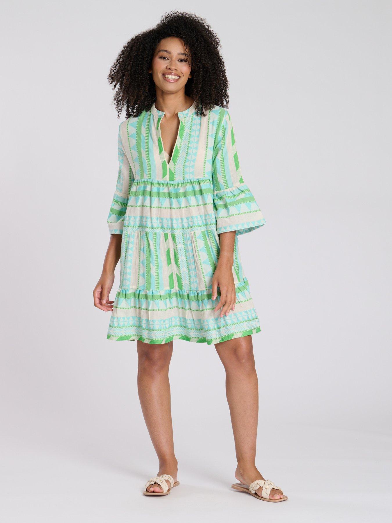south-beach-jacquard-34-sleeve-tiered-mini-dress-green