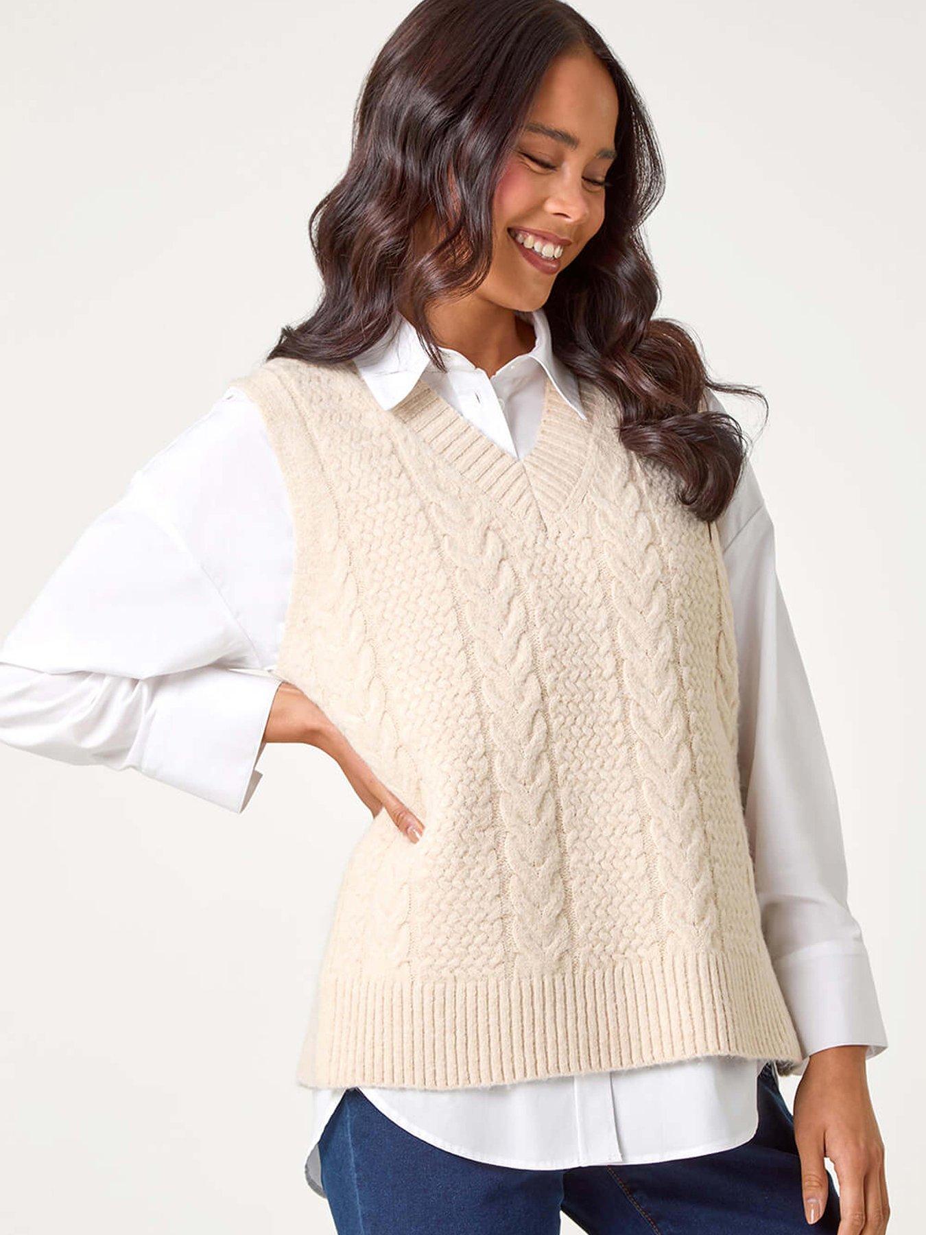undefined Petite V-neck Cable Knit Sleeveless Vest - Cream