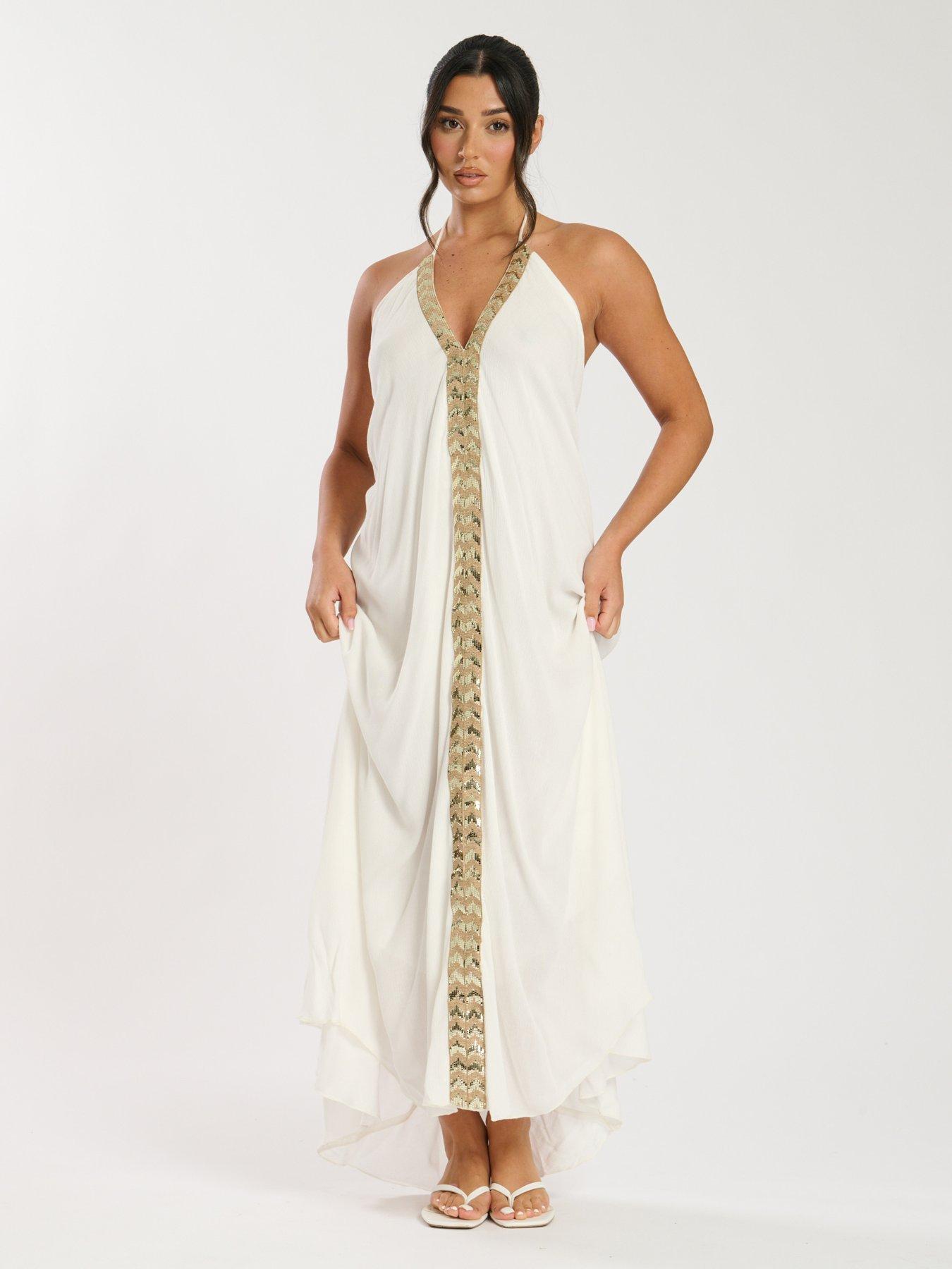 South Beach V Neck Sequin Detail Halter Maxi Dress - White | Littlewoods