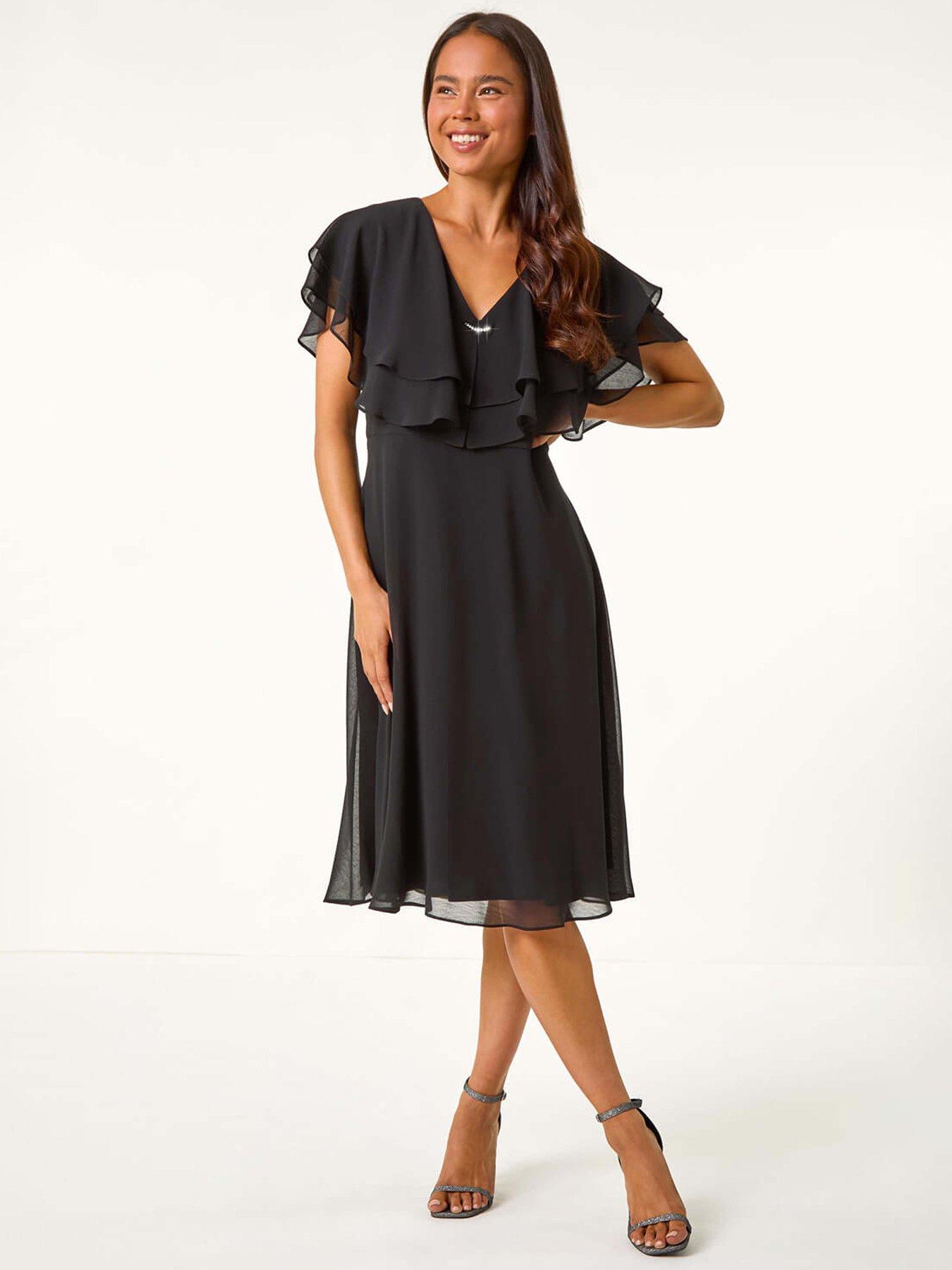 roman-petite-v-neck-flare-trim-detail-cape-dress-black
