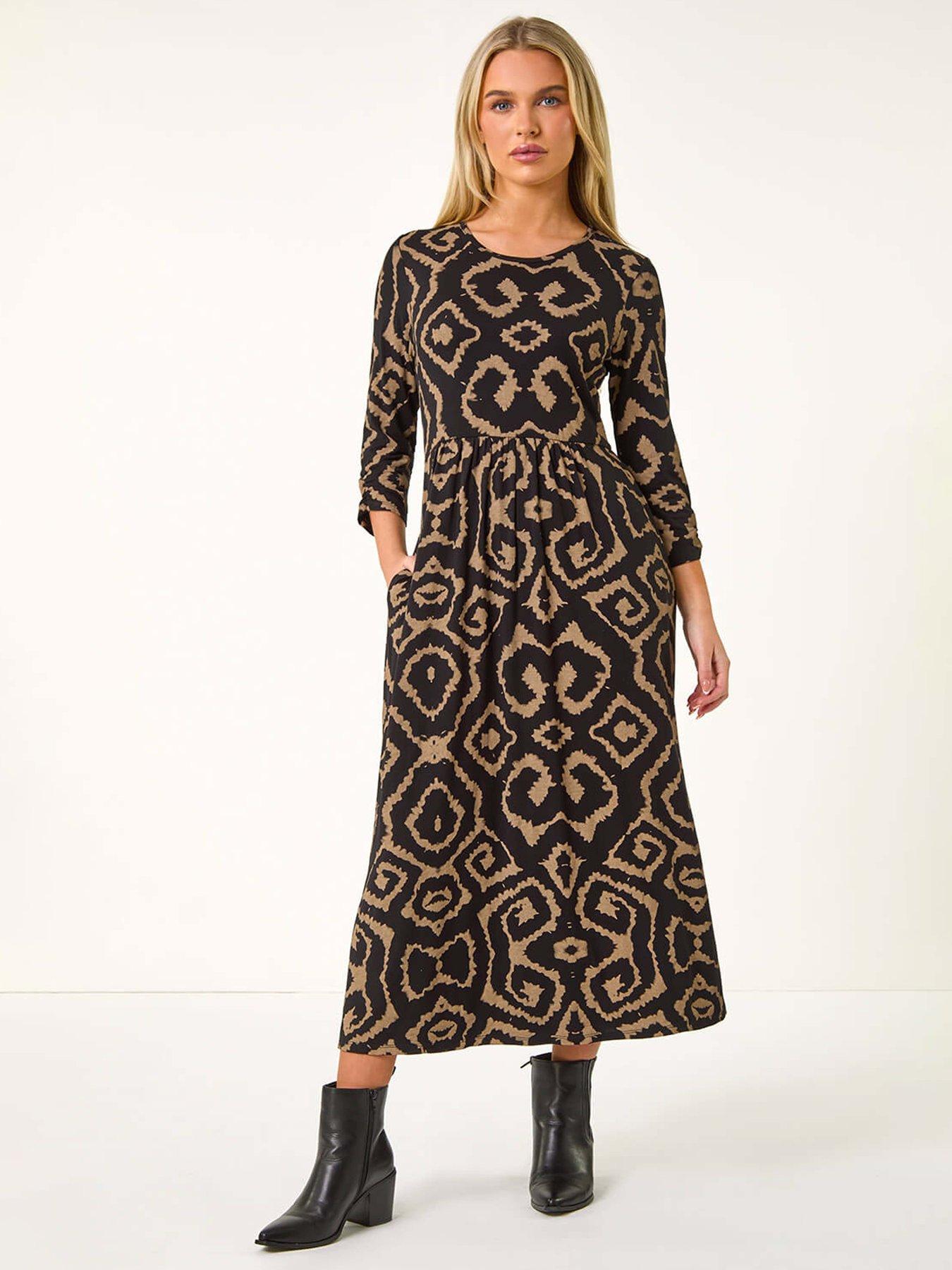 undefined Petite Geo Print Gathered Midi Dress - Beige