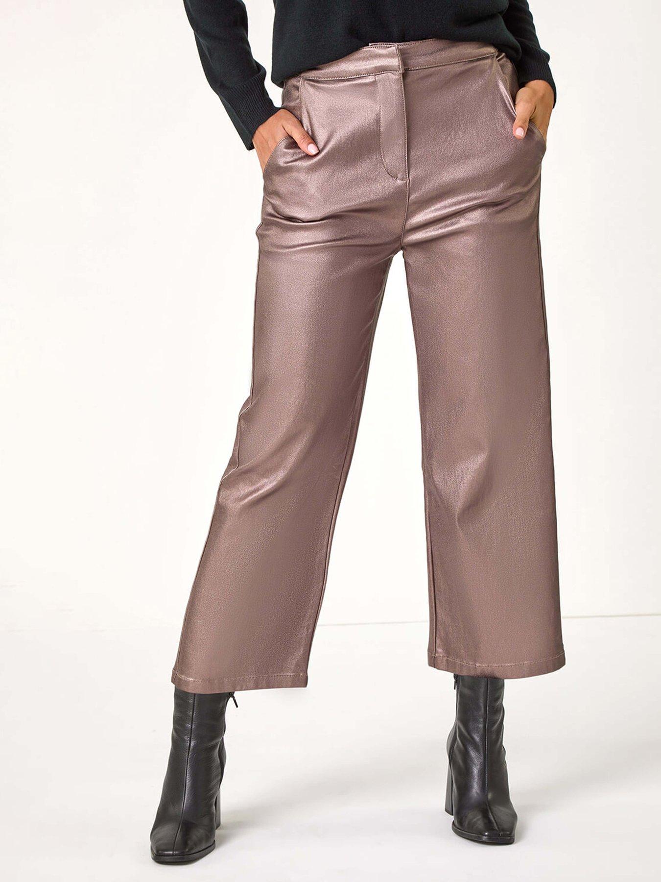  image of roman-metallic-coated-wide-leg-cropped-trouser-brown