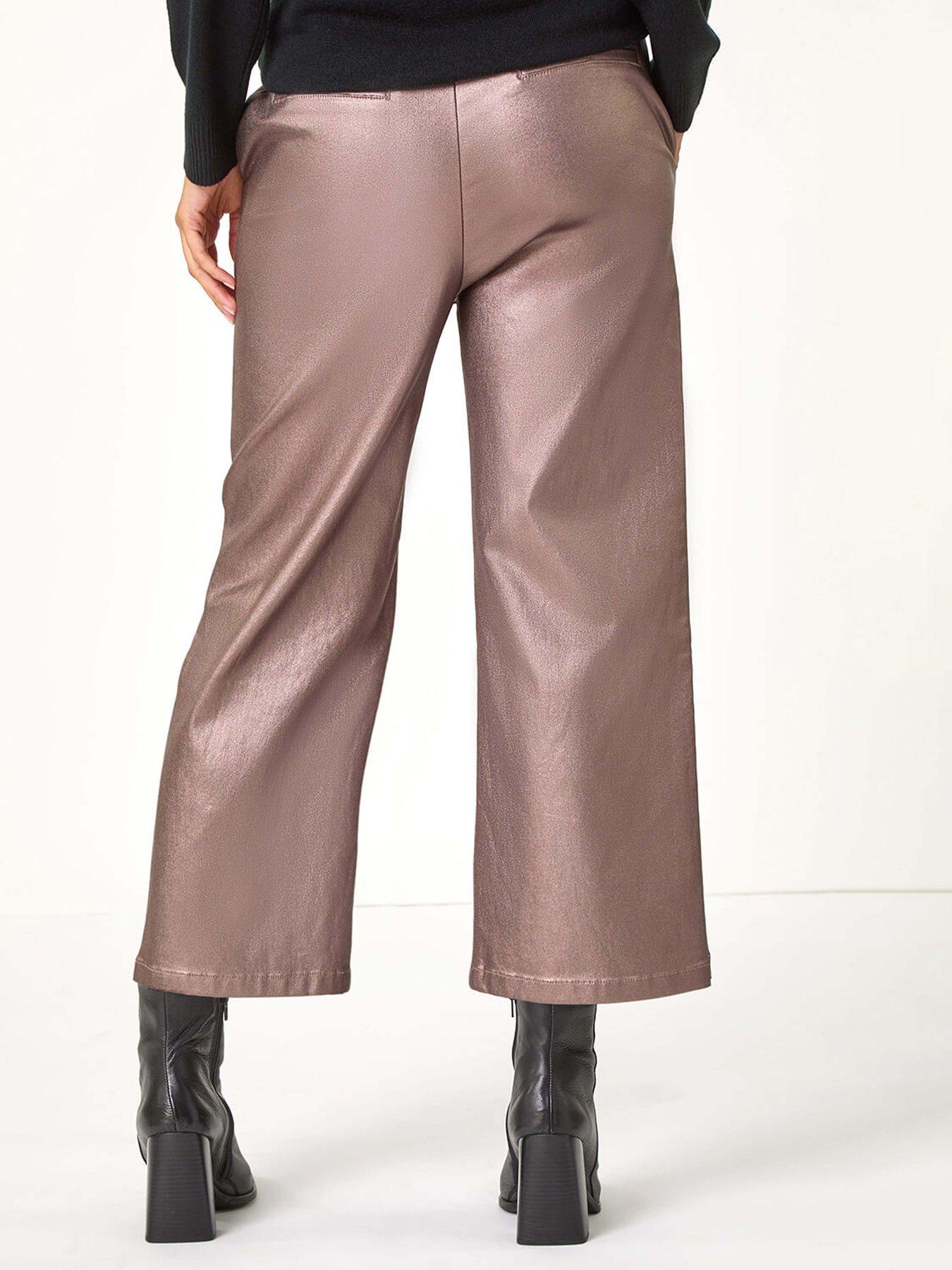  image of roman-metallic-coated-wide-leg-cropped-trouser-brown