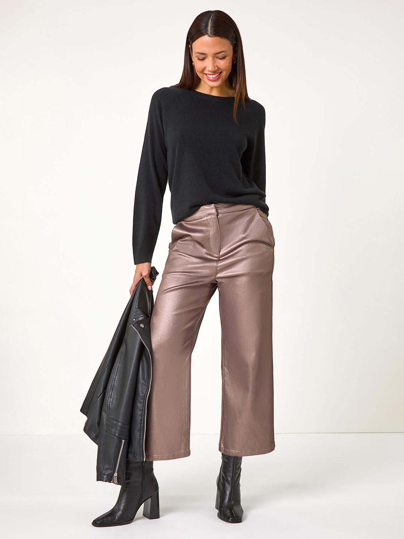  image of roman-metallic-coated-wide-leg-cropped-trouser-brown