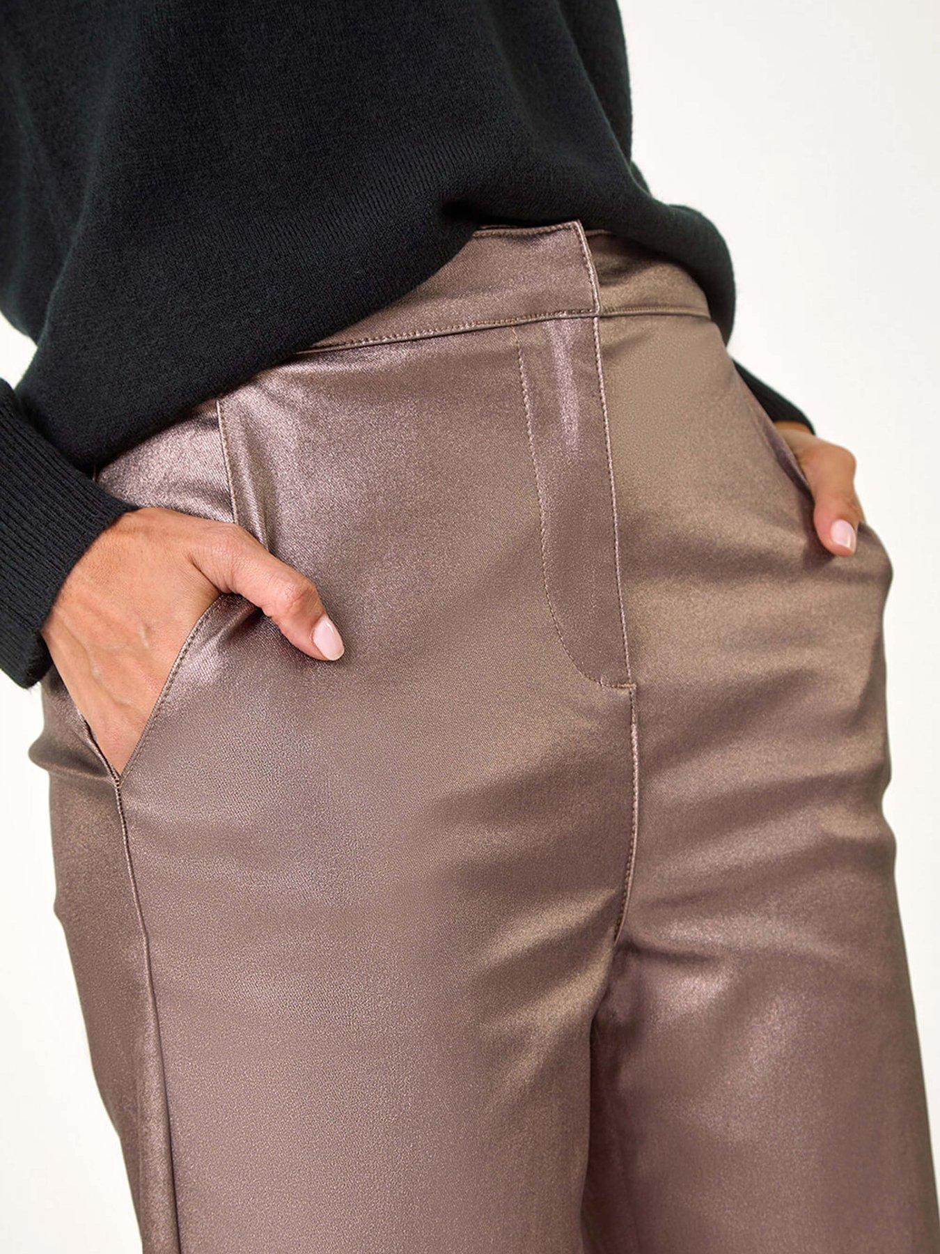  image of roman-metallic-coated-wide-leg-cropped-trouser-brown