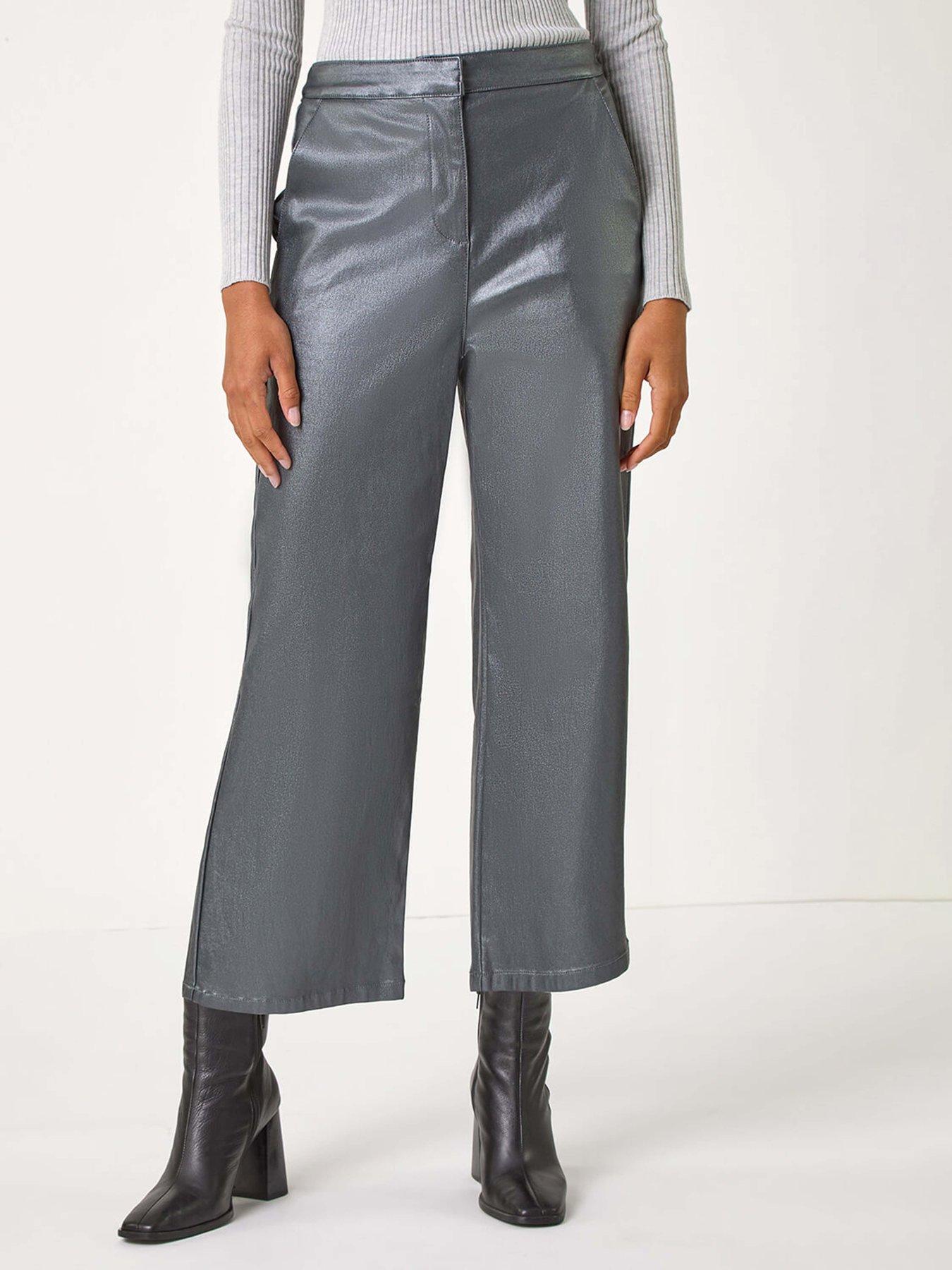  image of roman-metallic-coated-wide-leg-cropped-trouser-grey