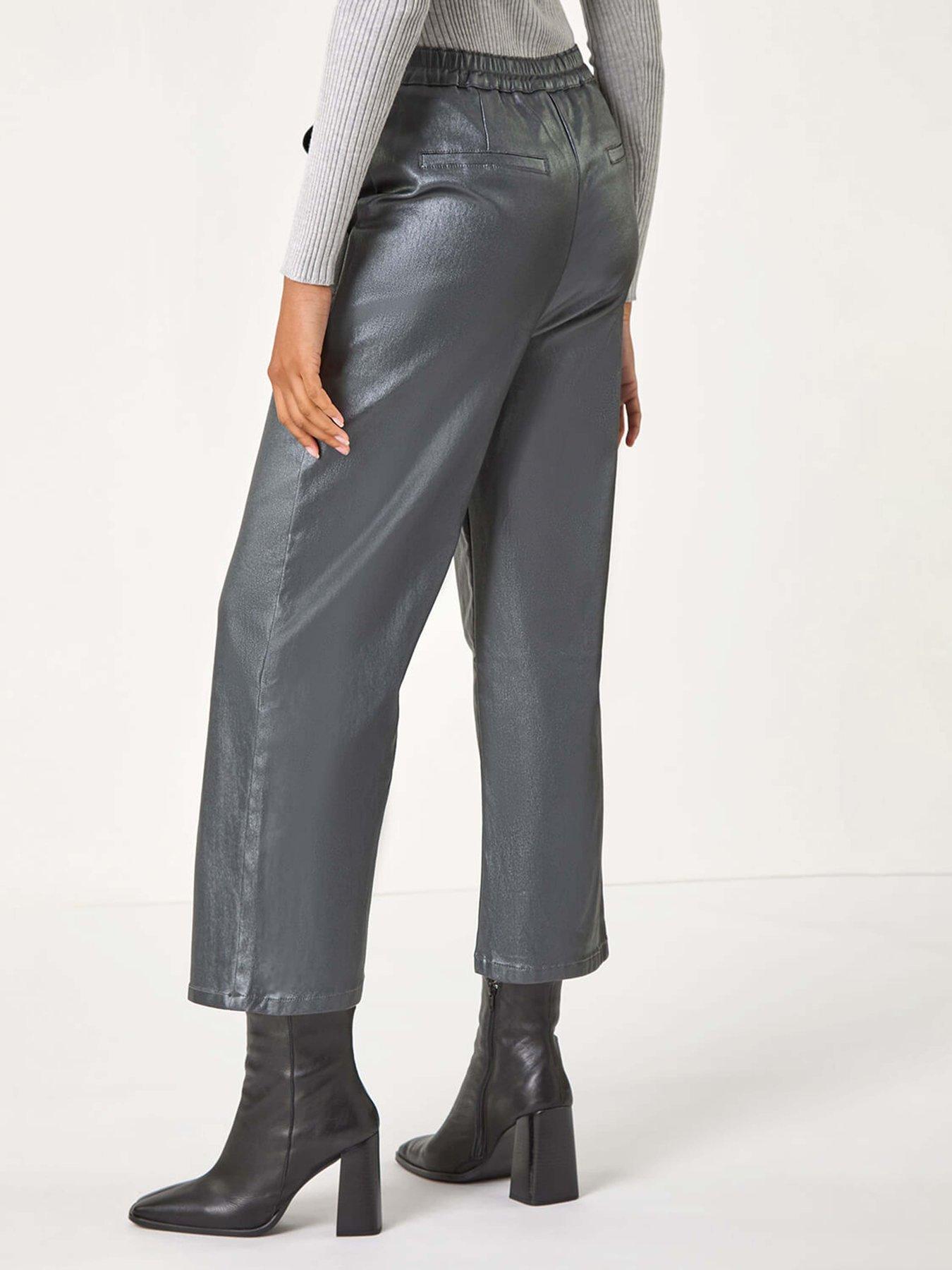  image of roman-metallic-coated-wide-leg-cropped-trouser-grey