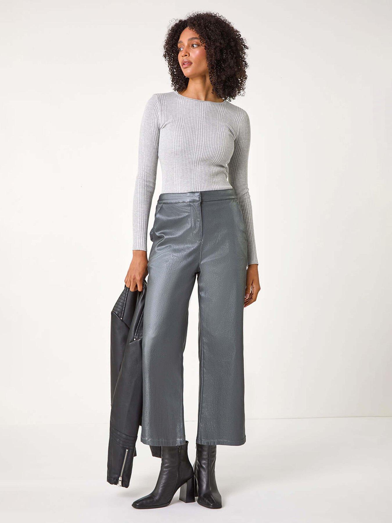  image of roman-metallic-coated-wide-leg-cropped-trouser-grey