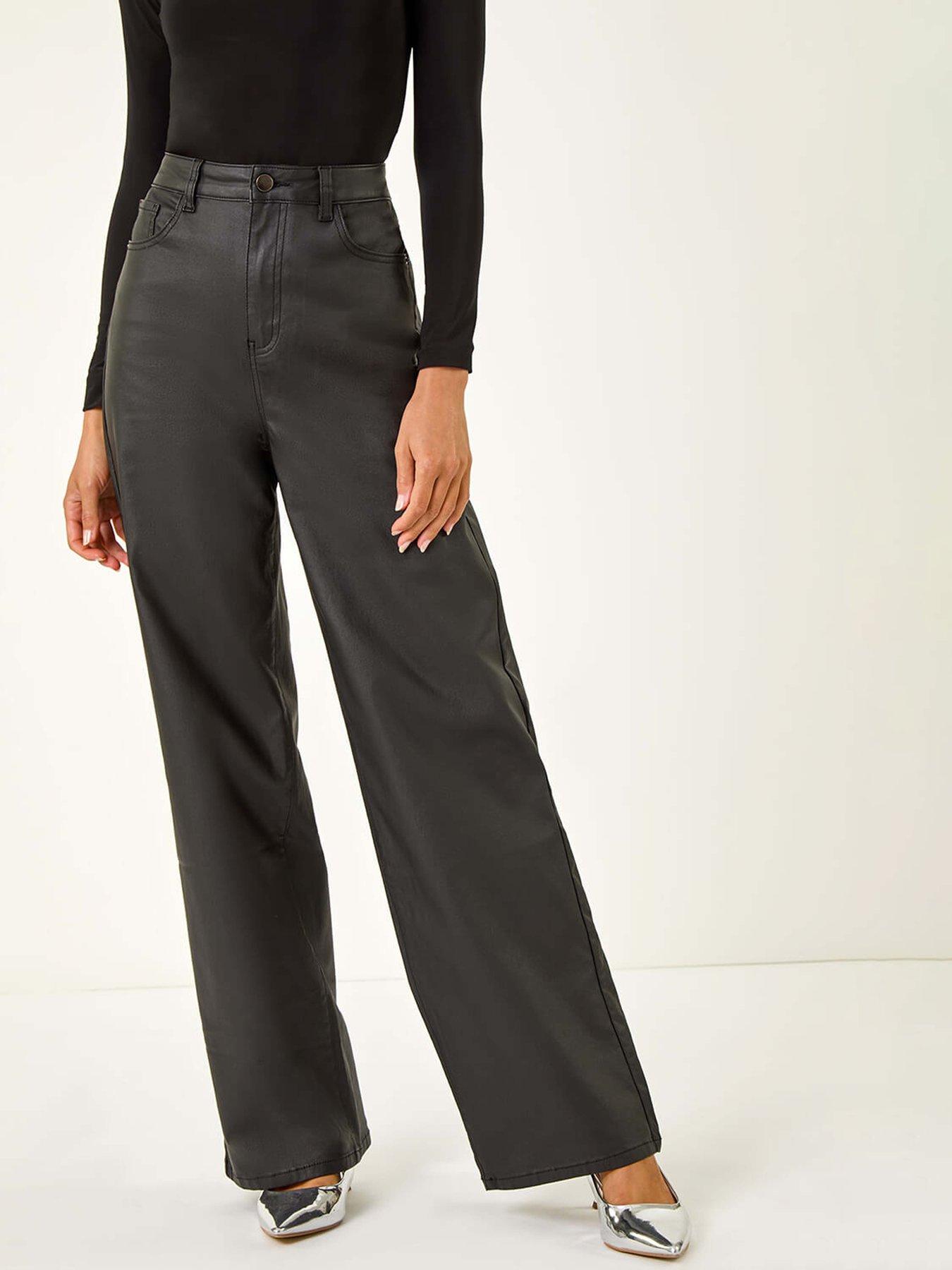 undefined Coated Stretch Waist Wide Leg Jeans - Black