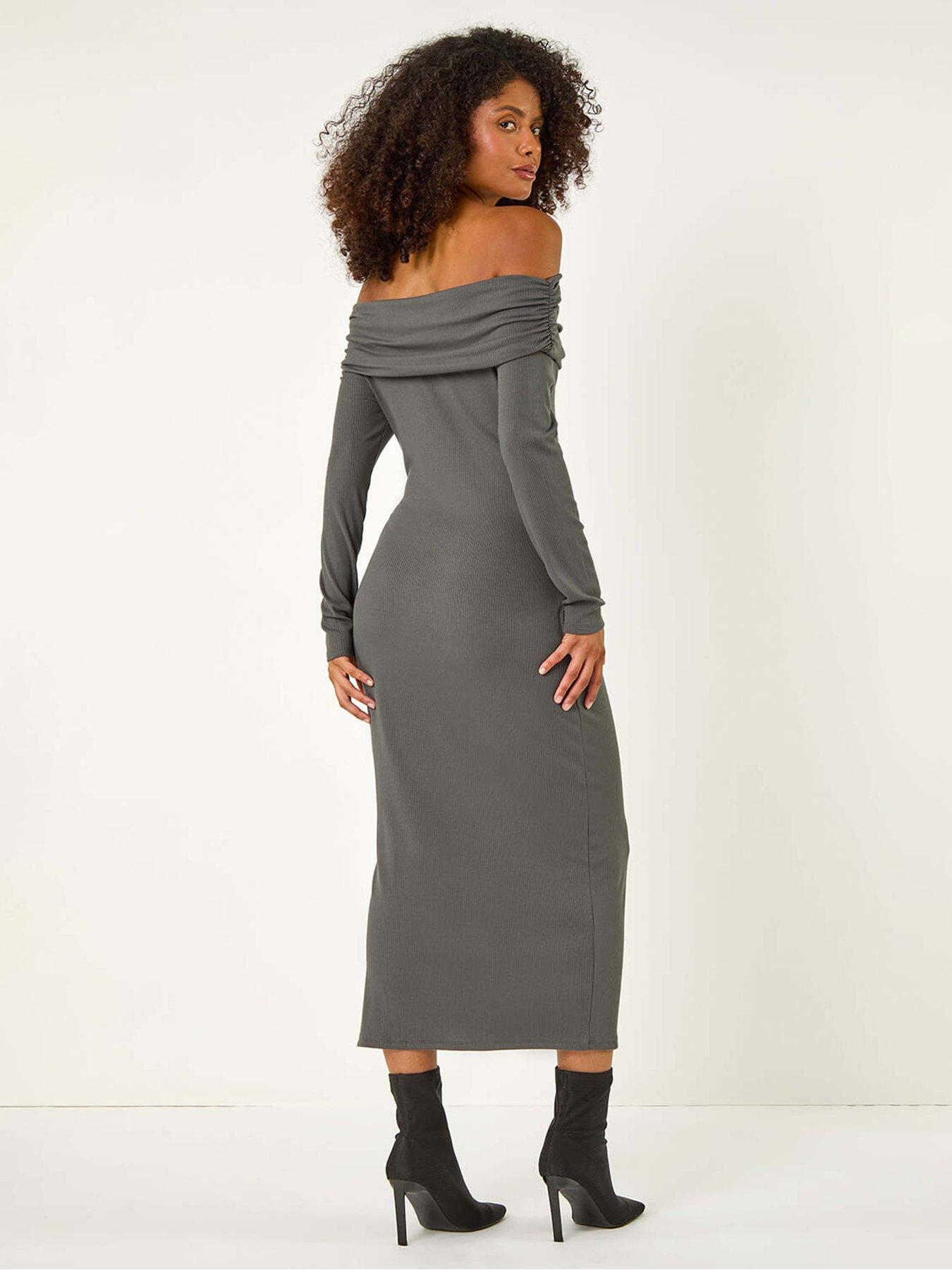 Image 2 of 5 of Roman Off The Shoulder Stretch Bardot Midi Dress - Grey