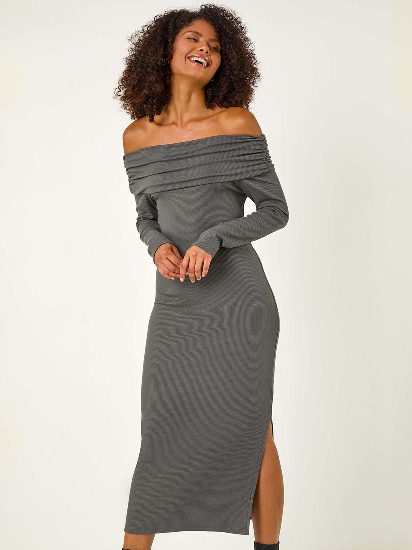Image 3 of 5 of Roman Off The Shoulder Stretch Bardot Midi Dress - Grey