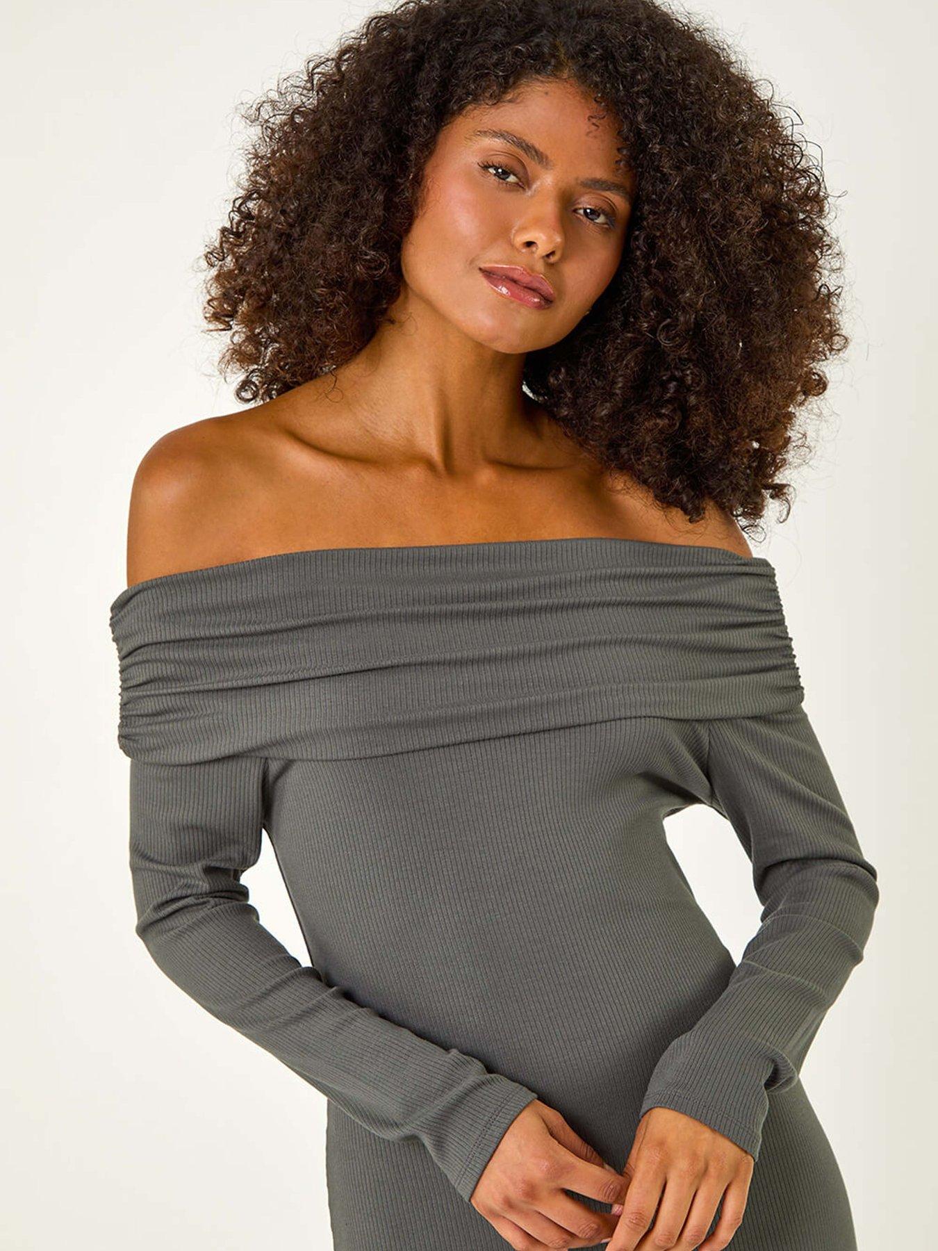 Image 4 of 5 of Roman Off The Shoulder Stretch Bardot Midi Dress - Grey
