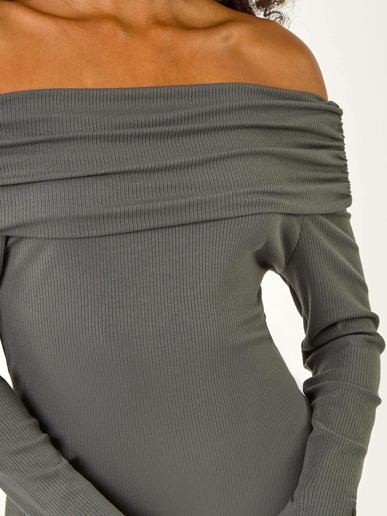 Image 5 of 5 of Roman Off The Shoulder Stretch Bardot Midi Dress - Grey