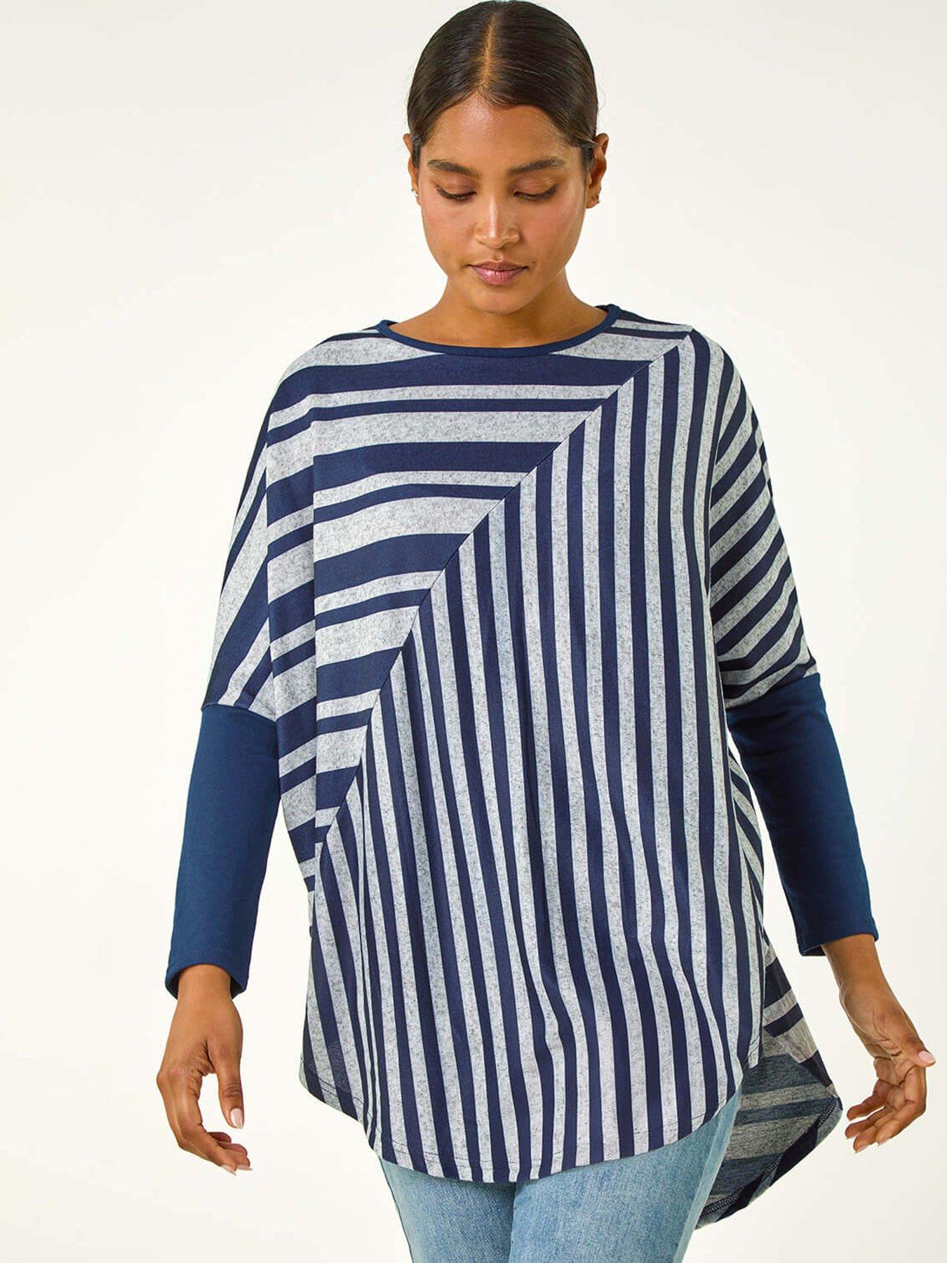 Roman Contrast Stripe Tunic Stretch Top - Navy