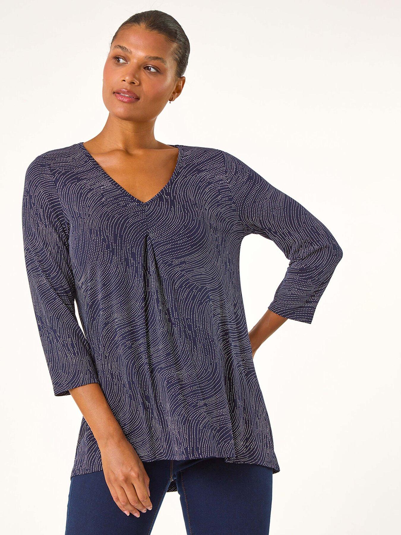 undefined Spot Print Pleat Front Tunic Top - Navy