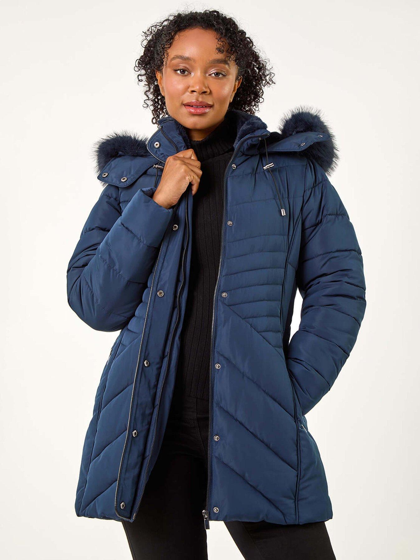 undefined Petite Hooded Longline Quilted Coat - Navy